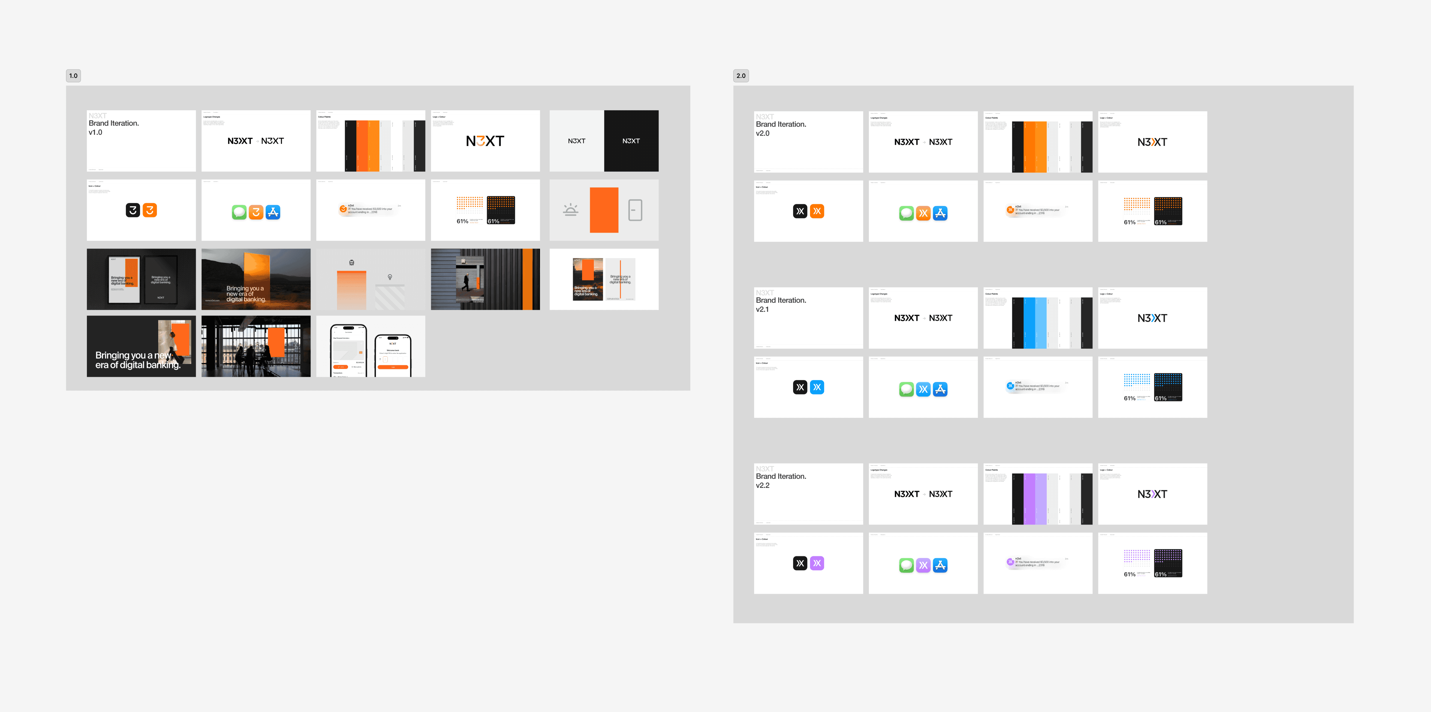 N3XT brand applications comparing an orange accent with other accent colours