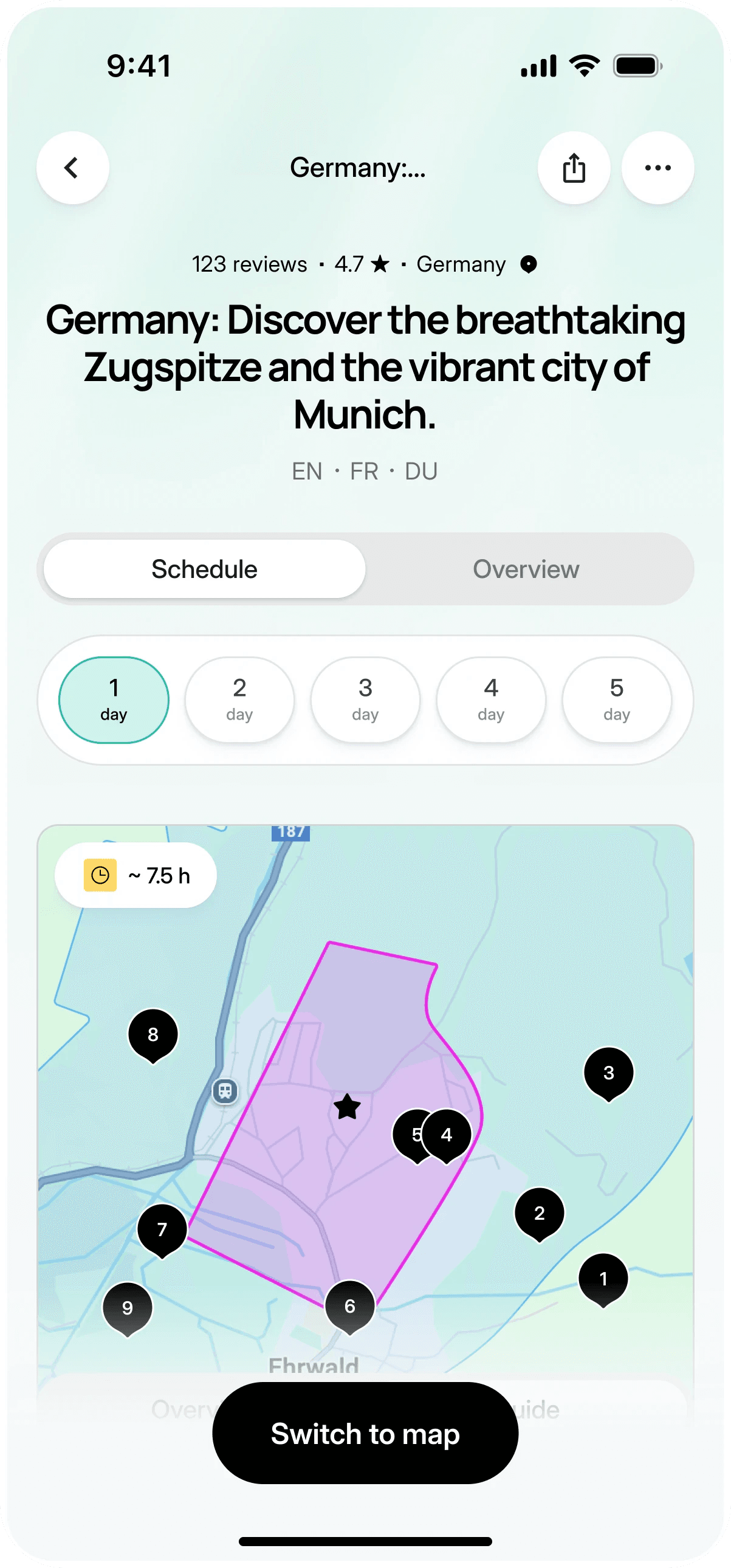 Guide in progress: day one of a trip to the Zugspitze and Munich, with numbered stops on a map