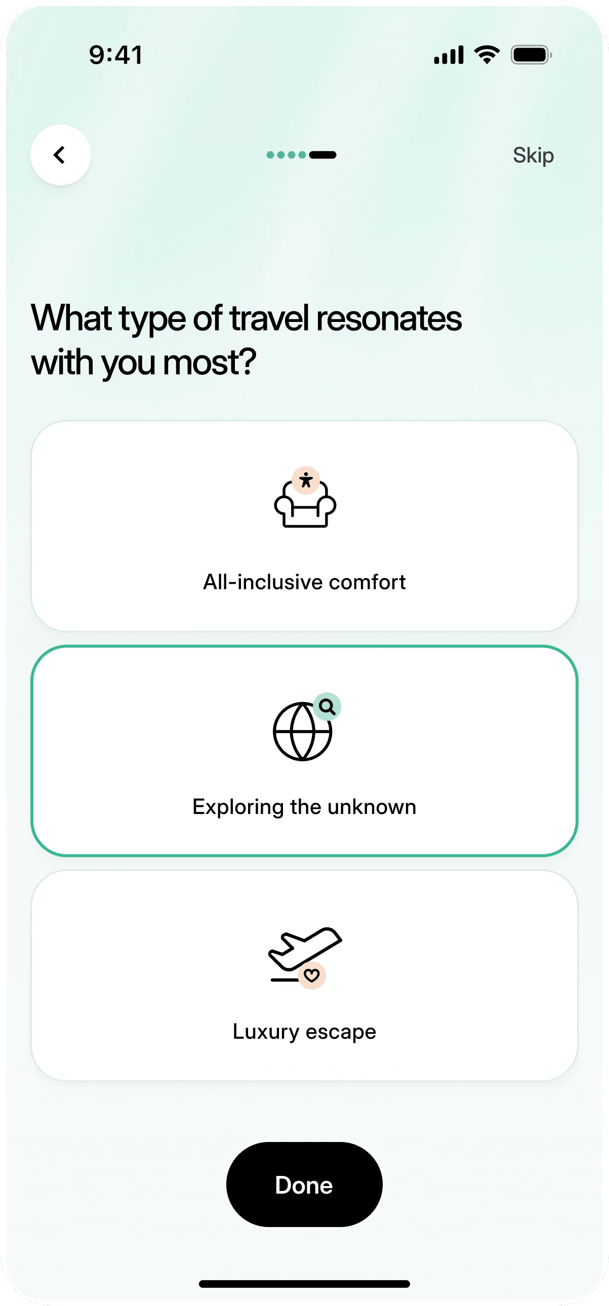 Onboarding question: What type of travel resonates with you most, with Exploring the unknown selected