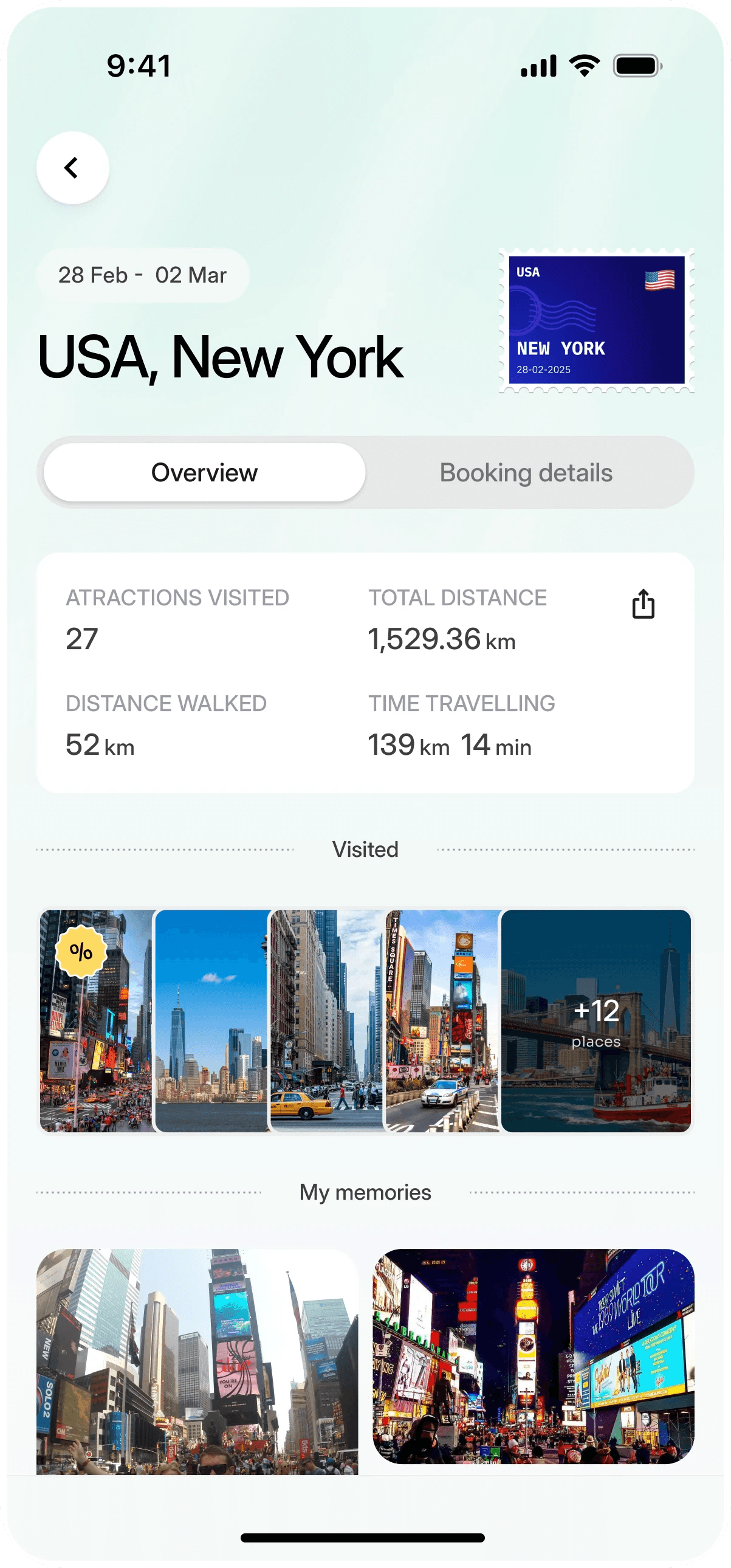 Trip page for New York with attractions visited, distance walked, visited places and photo memories