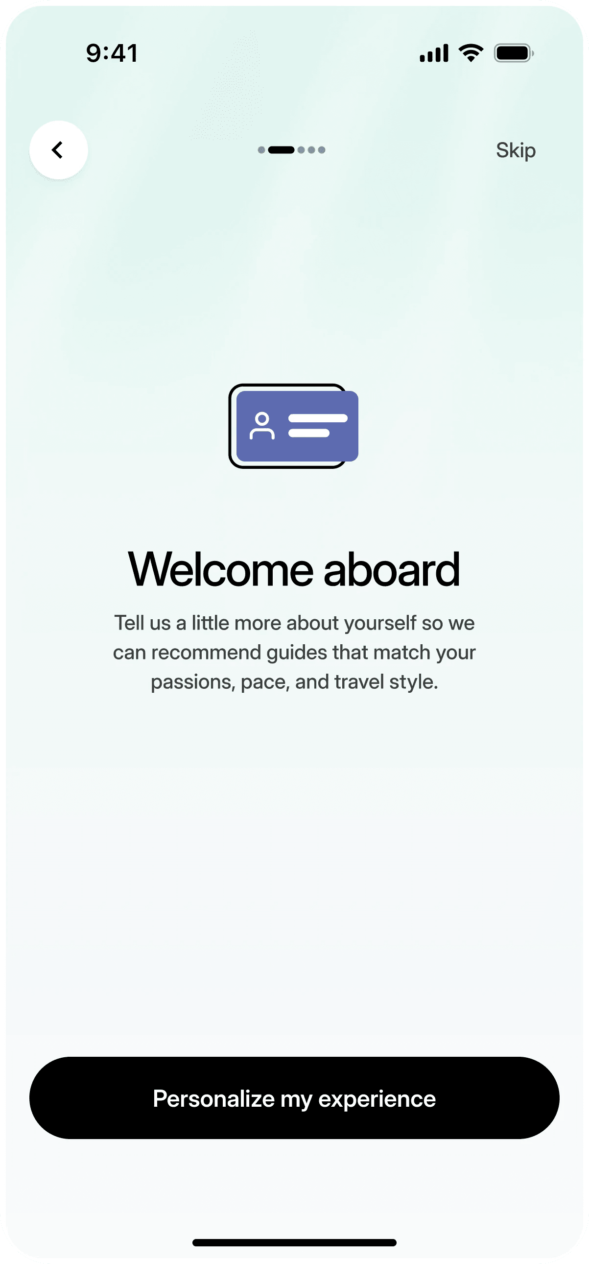 ViaKonnect app onboarding: Welcome aboard, with a button to personalize the experience