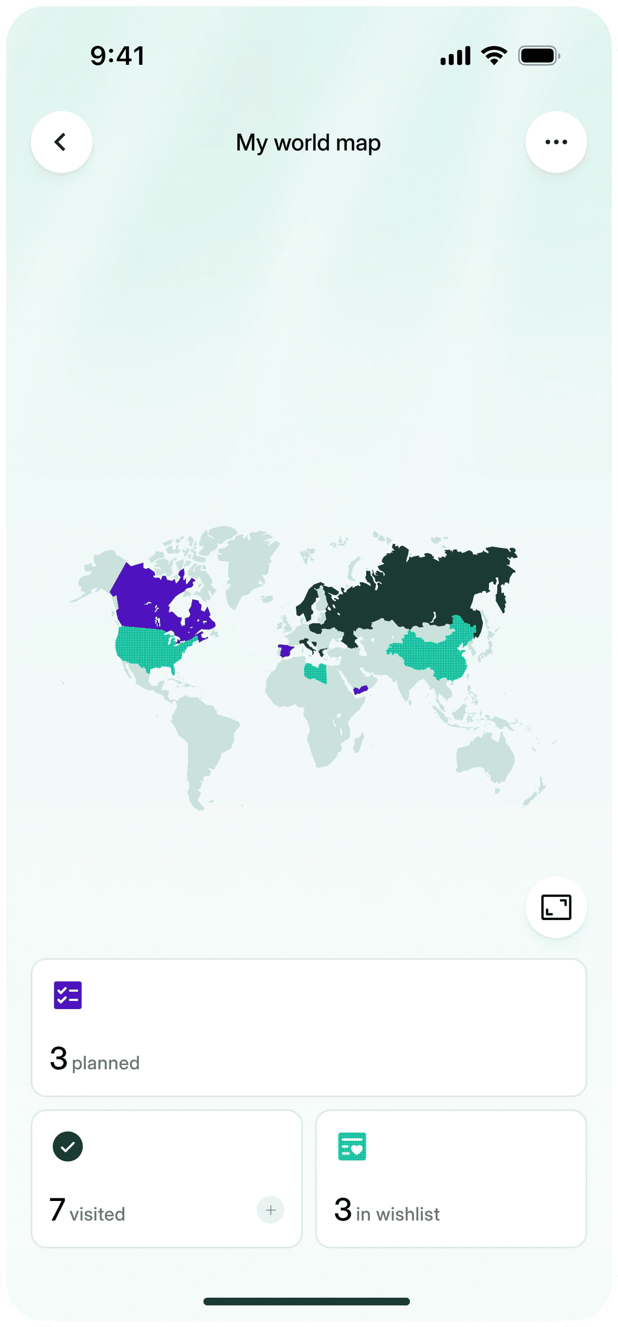 Tripfolio world map with countries marked as planned, visited and in the wishlist