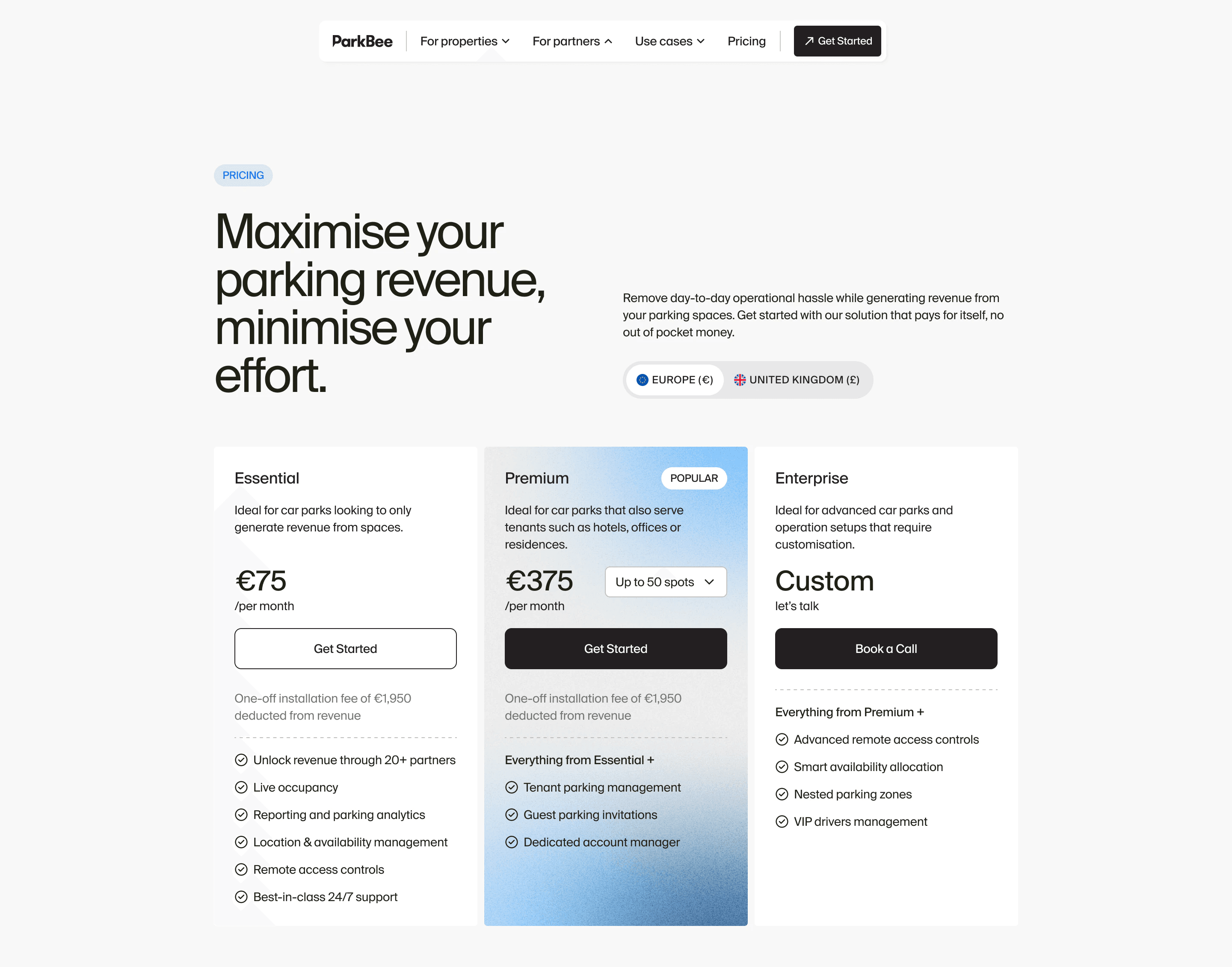 Pricing page: Maximise your parking revenue, minimise your effort, with Essential, Premium and Enterprise plans