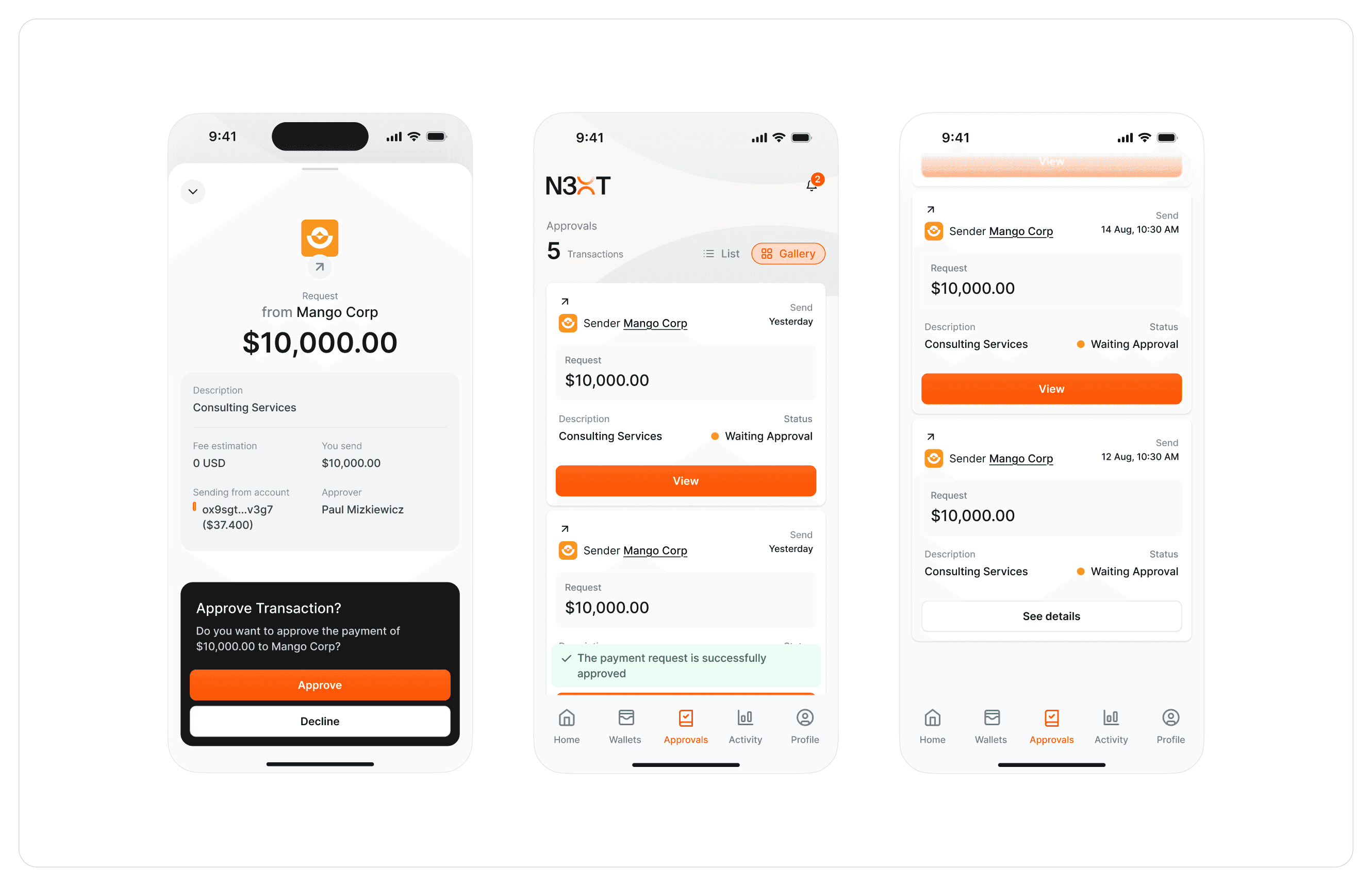 N3XT mobile payment flow screens