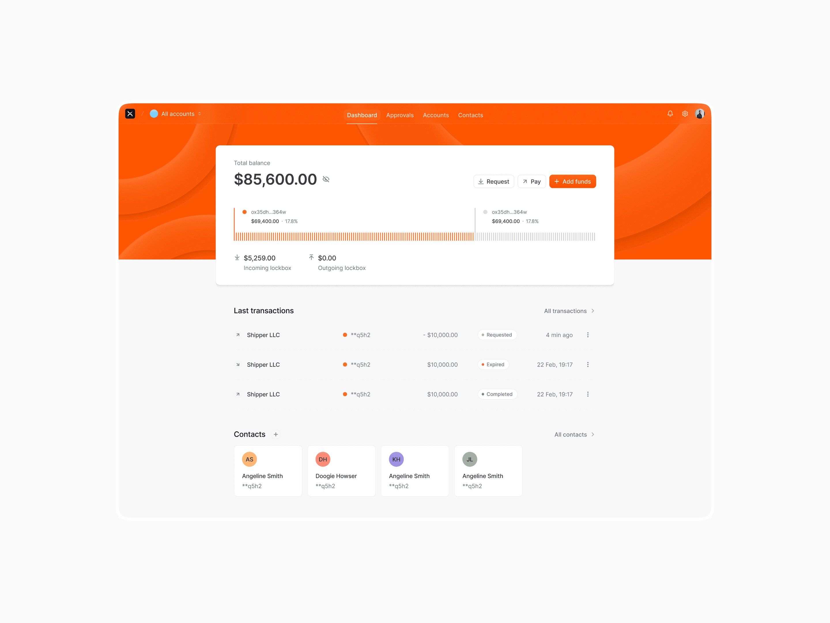 Product design: a fintech dashboard with balance, recent transactions and contacts