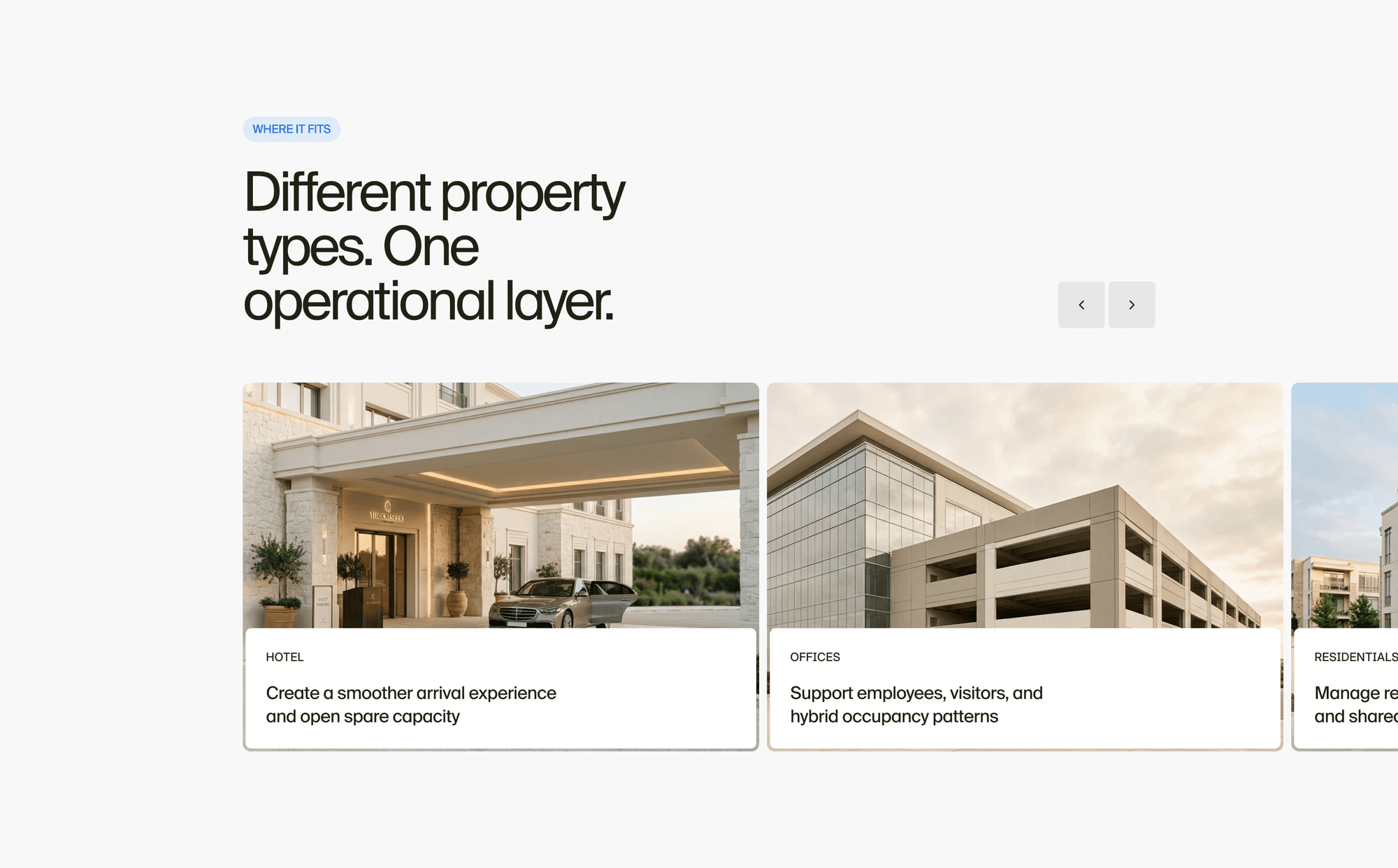 For properties page: Different property types, one operational layer, with cards for hotels, offices and residential
