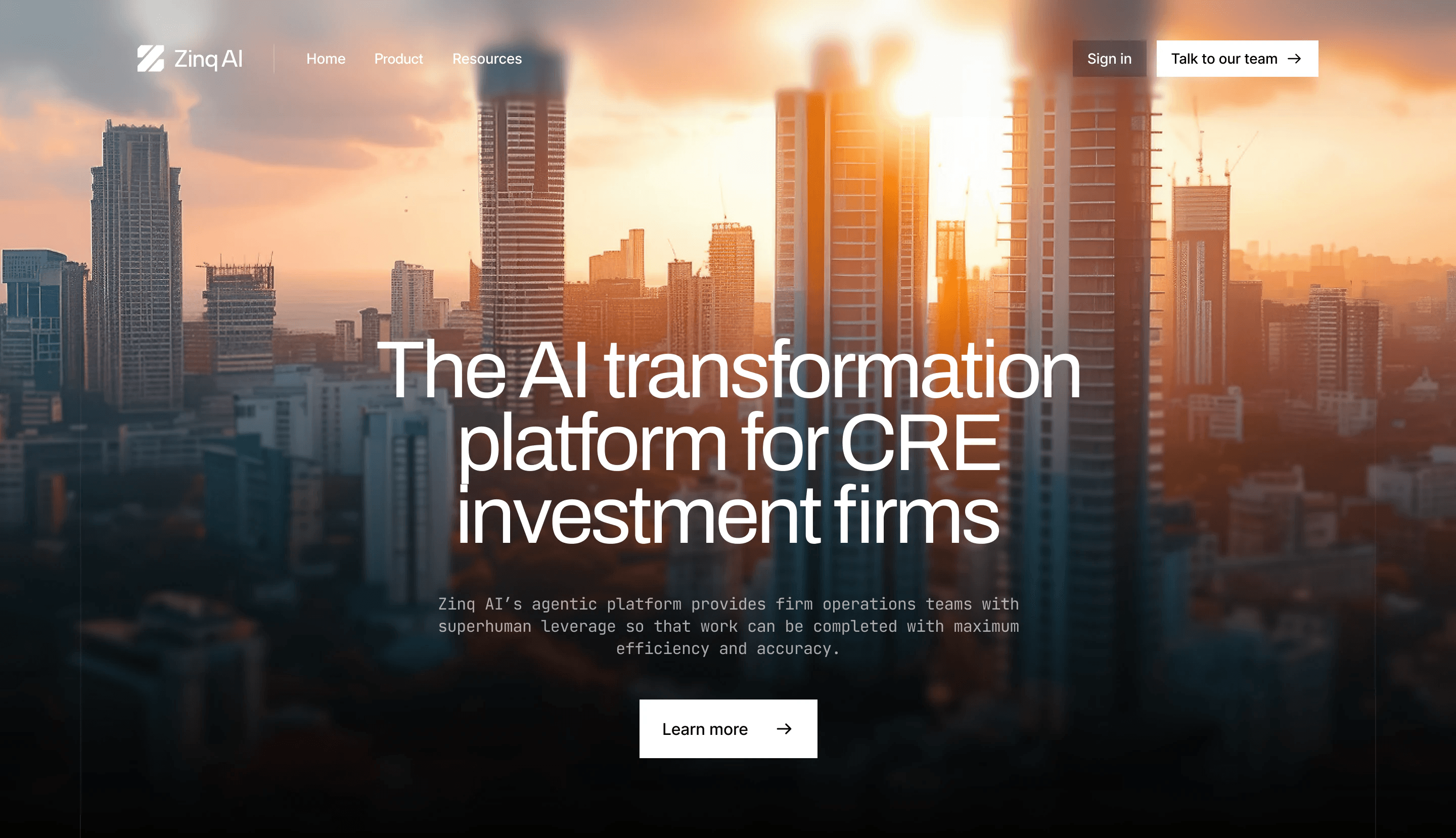Zinq AI homepage hero: The AI transformation platform for CRE investment firms, over a city skyline at sunset