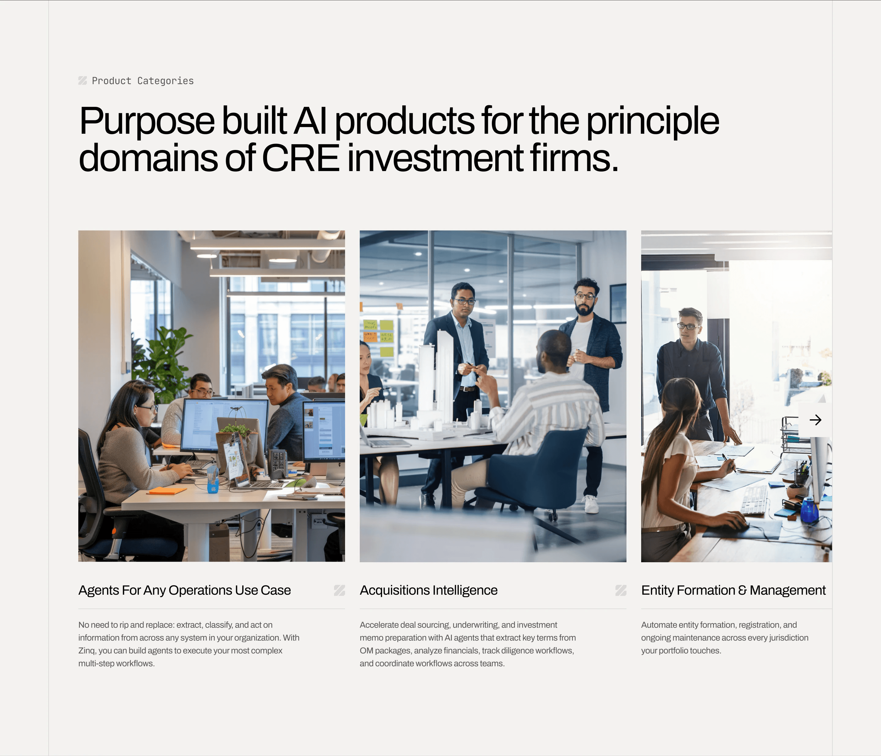 Final homepage section: Purpose built AI products for the principle domains of CRE investment firms, with three photo cards