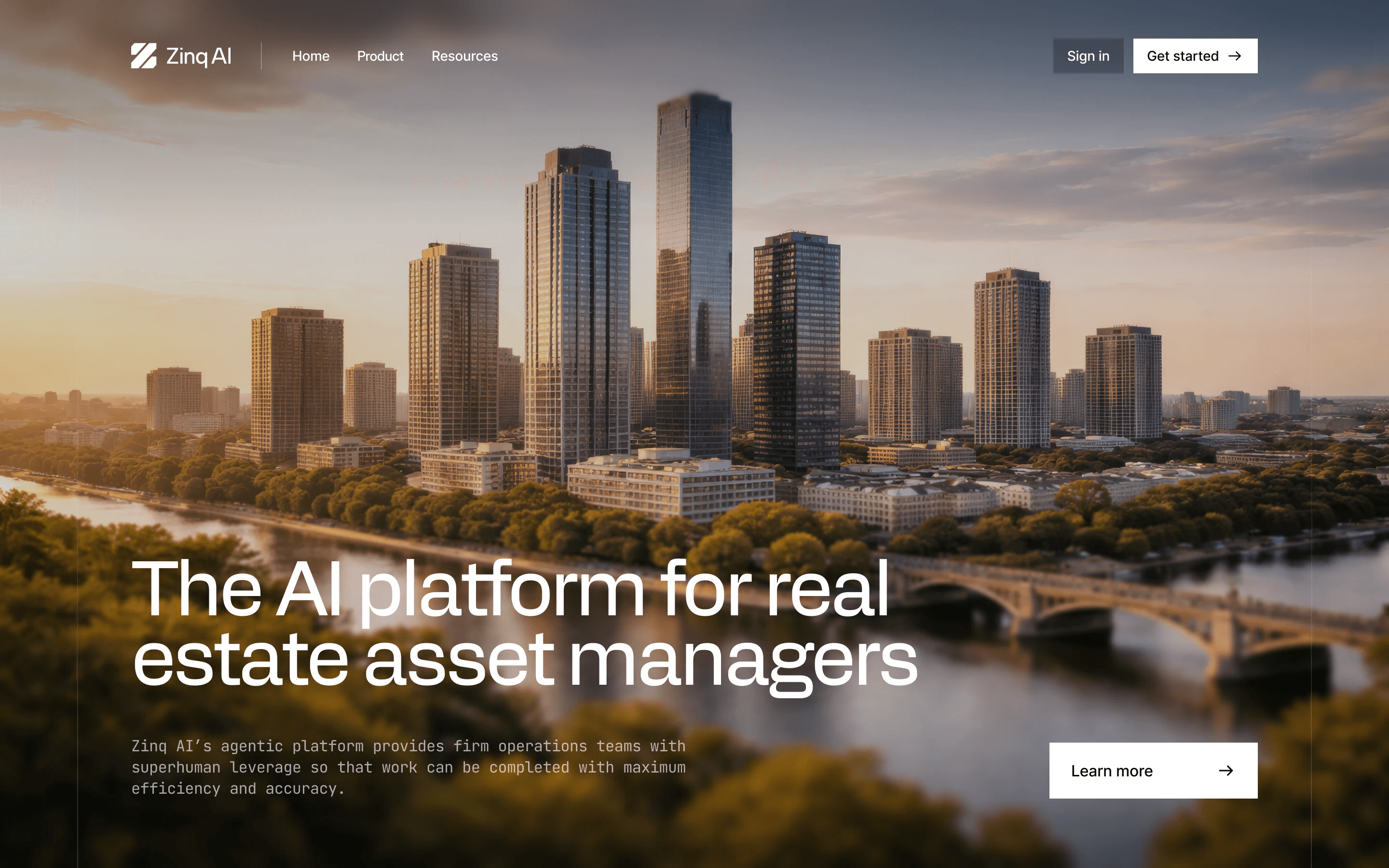 Homepage round 1: The AI platform for real estate asset managers, over a river and a city skyline at sunset