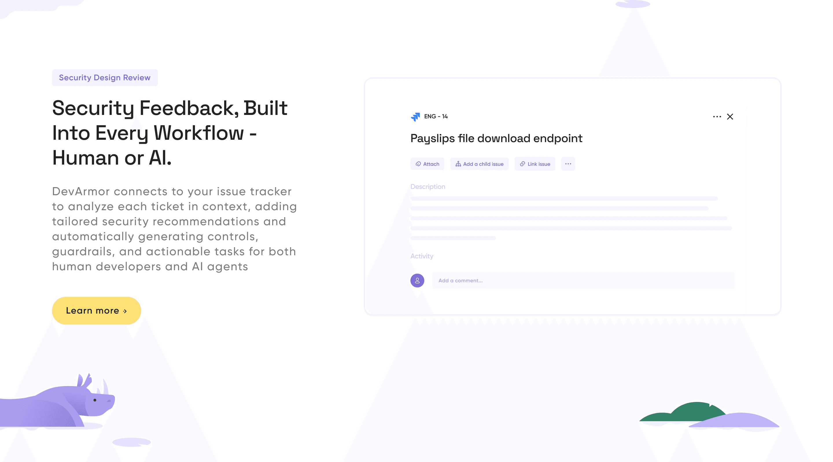 Homepage section: Security Feedback, Built Into Every Workflow, next to a Jira-style ticket and a rhino