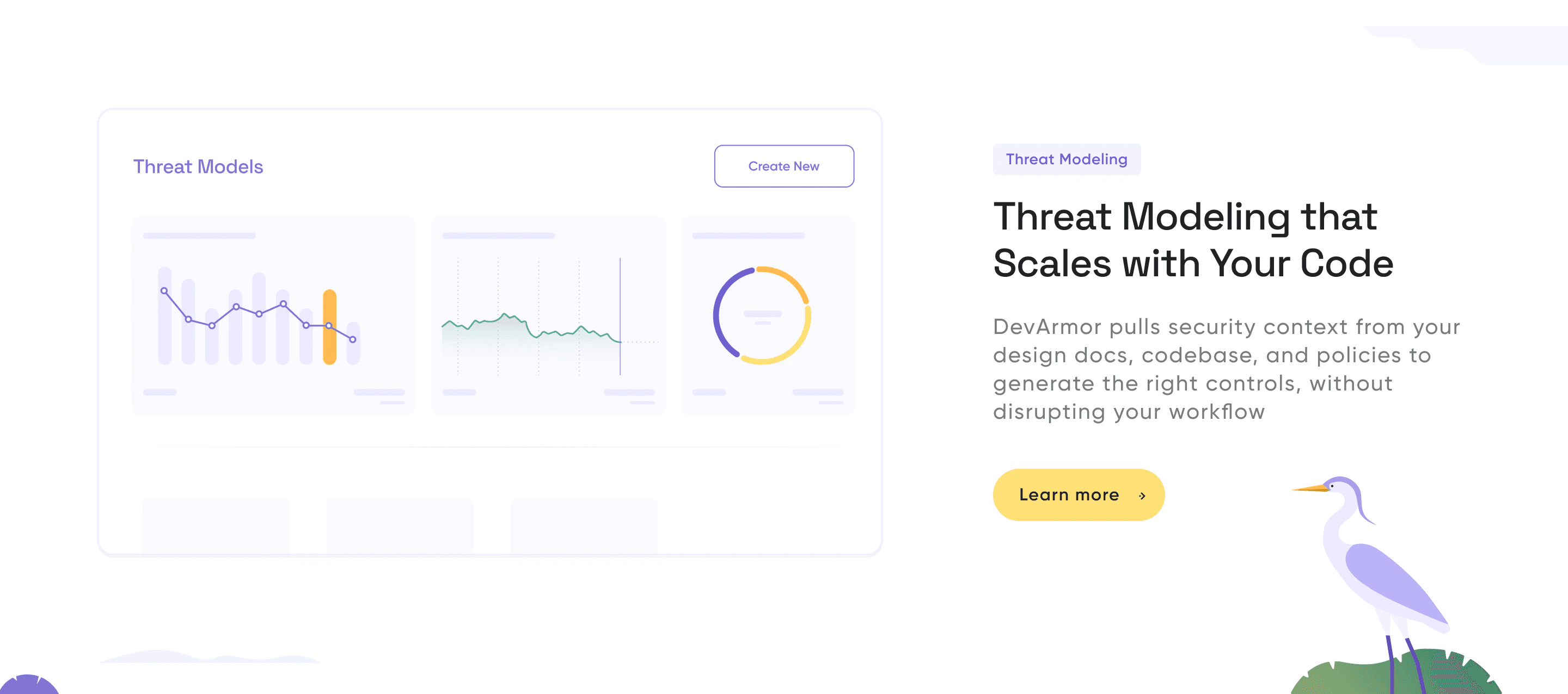 Homepage section: Threat Modeling that Scales with Your Code, next to a threat model dashboard and a heron