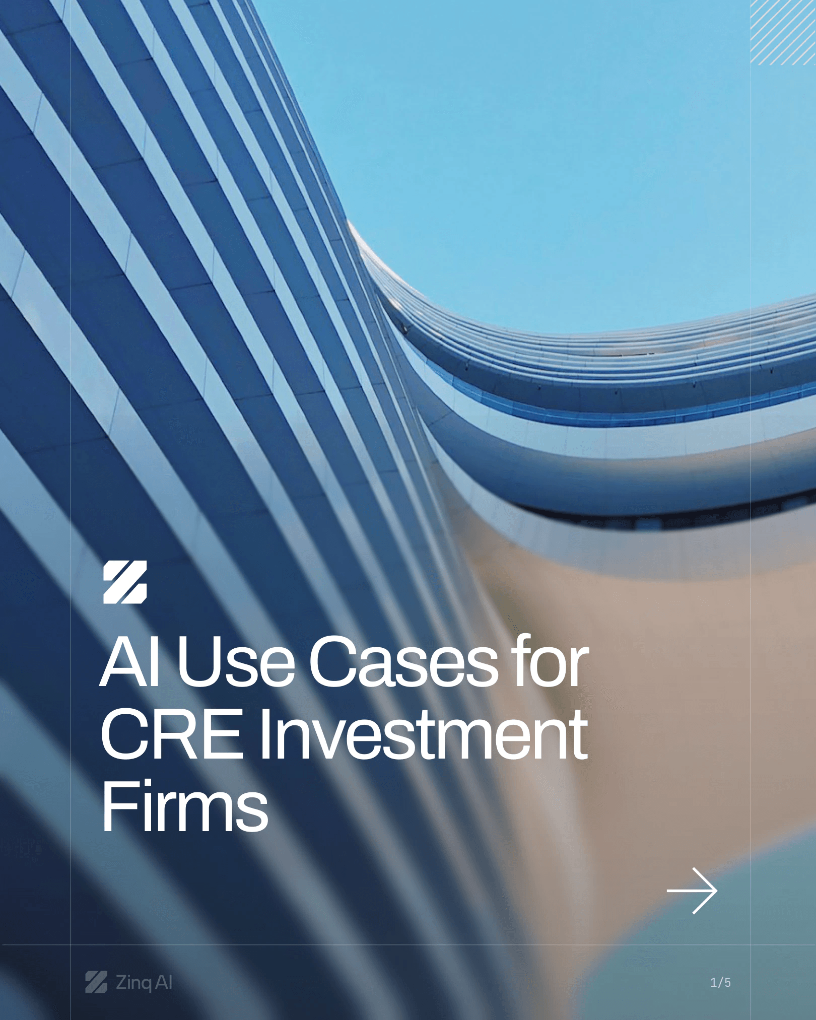 LinkedIn carousel cover: AI Use Cases for CRE Investment Firms over a curved glass building