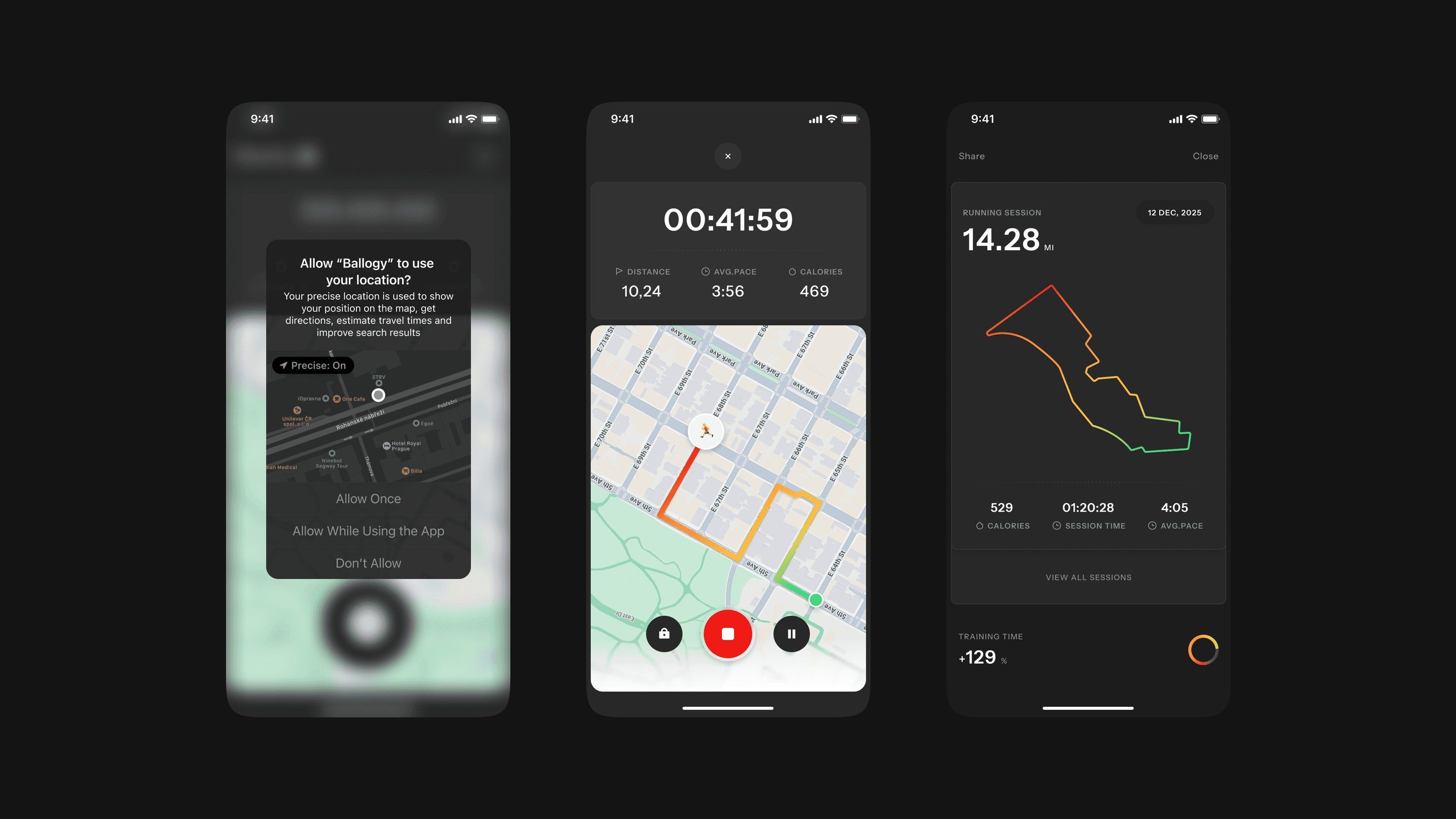 Three Ballogy mobile screens: location permission, a live run tracker and run stats