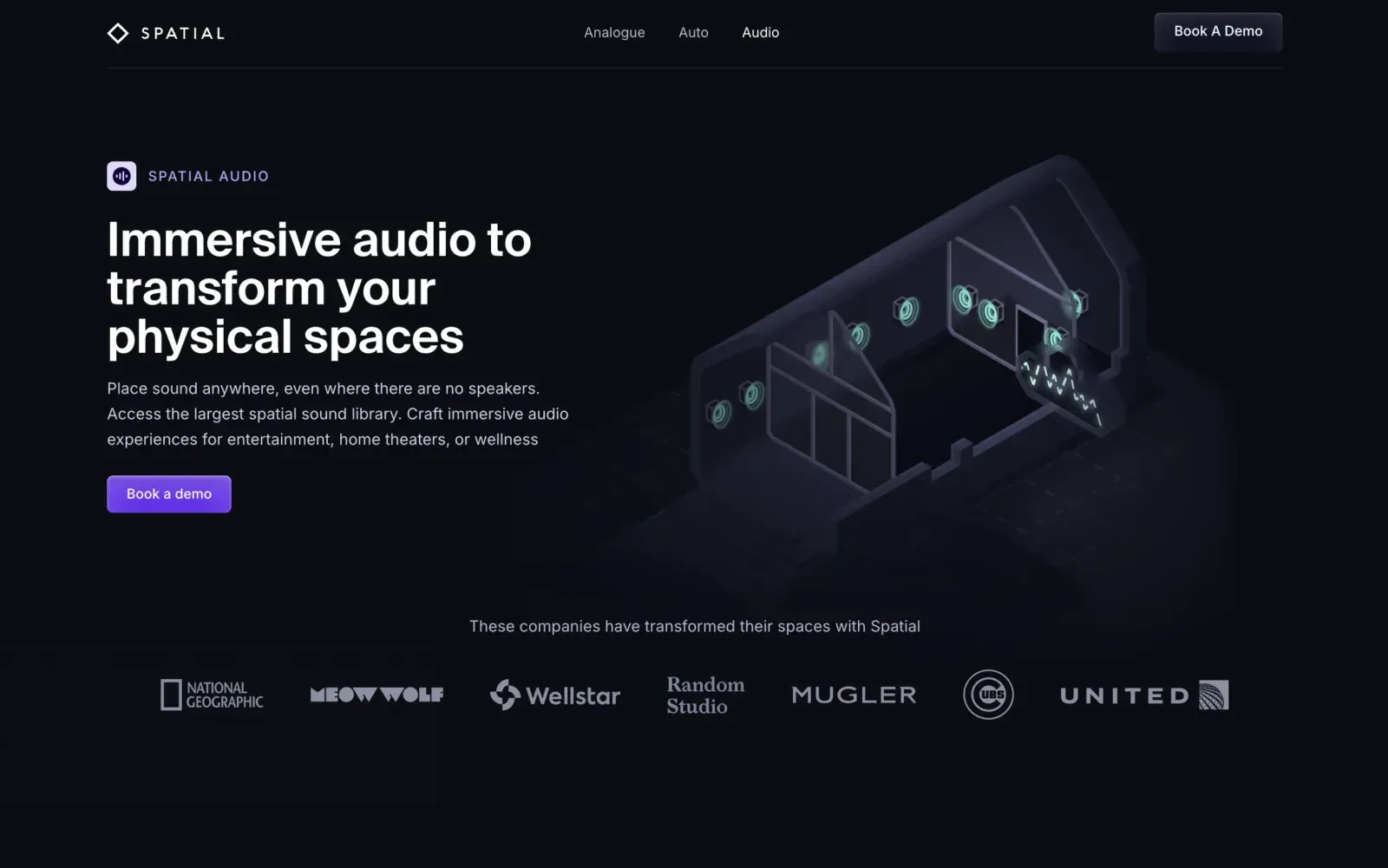Spatial website after the brand refresh: a dark hero reading Immersive audio to transform your physical spaces, with an isometric room illustration and client logos