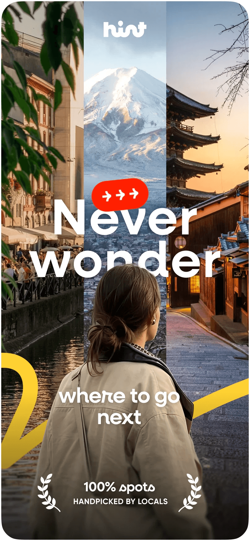 App Store screen: Never wonder where to go next, with a traveler in front of a pagoda and Mount Fuji