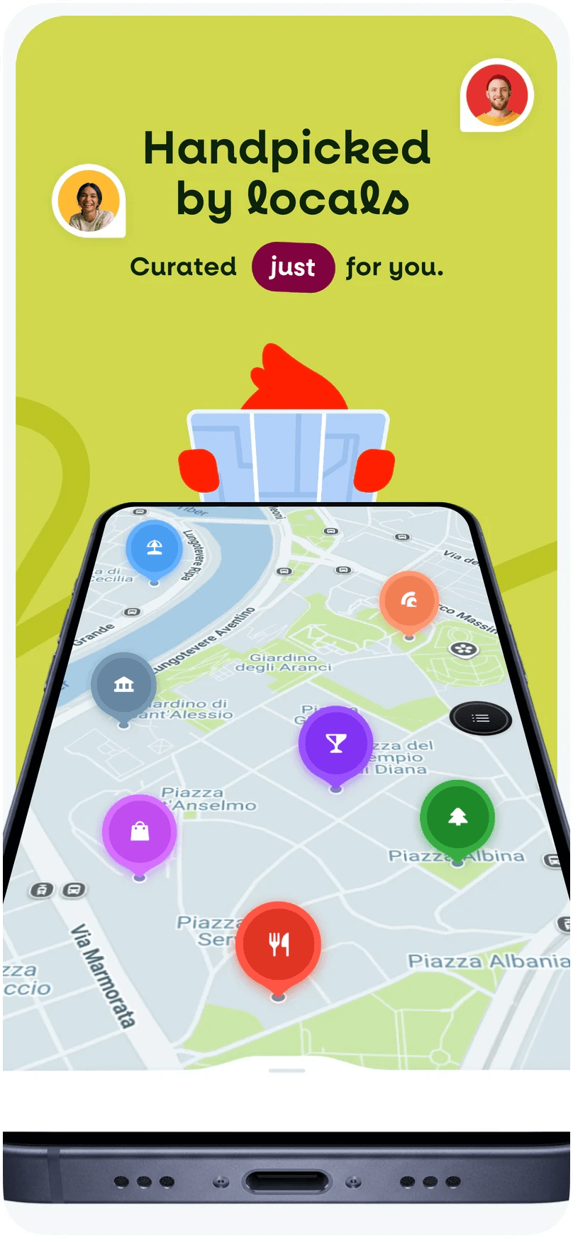 App Store screen: Handpicked by locals, with the mascot holding a phone that shows the map of Rome