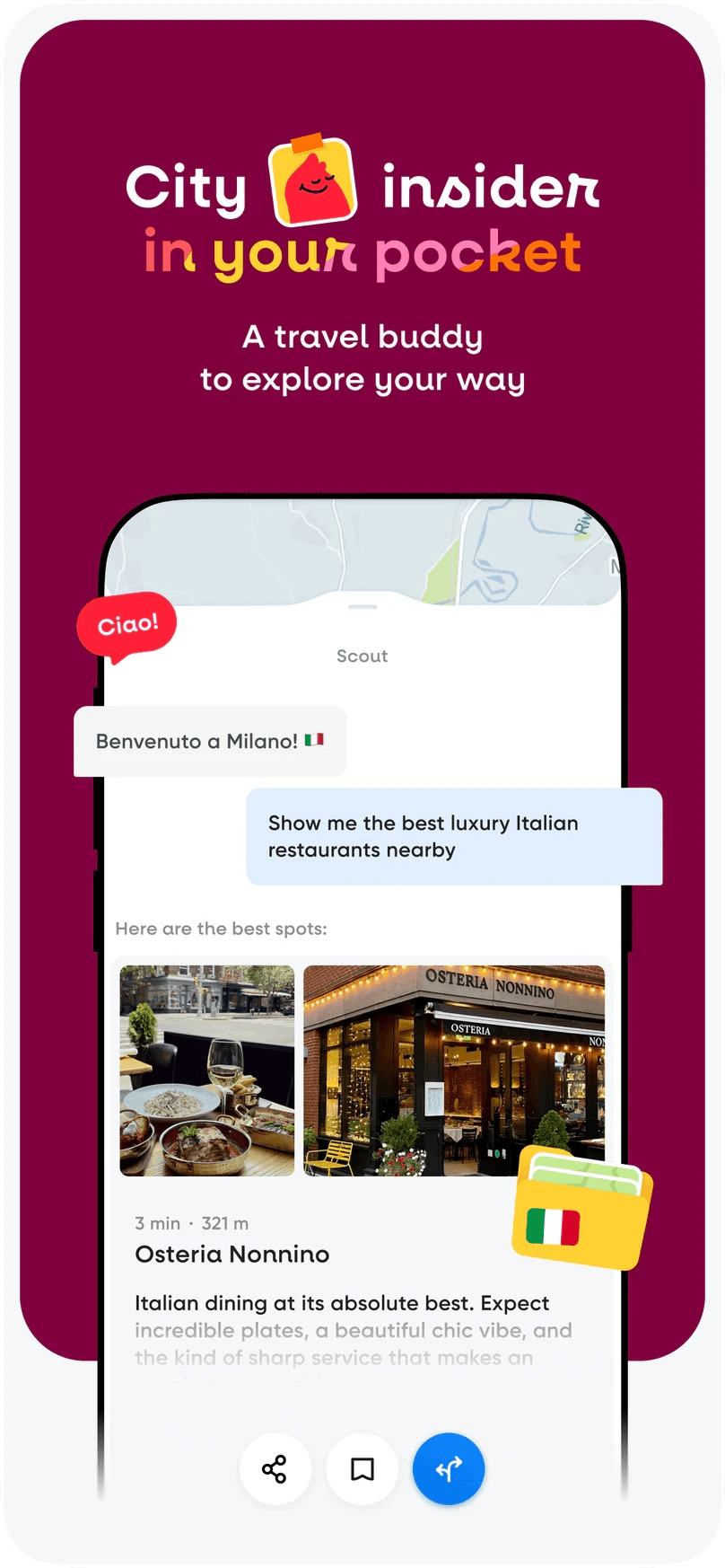 App Store screen: City insider in your pocket, with a chat suggesting restaurants in Milan