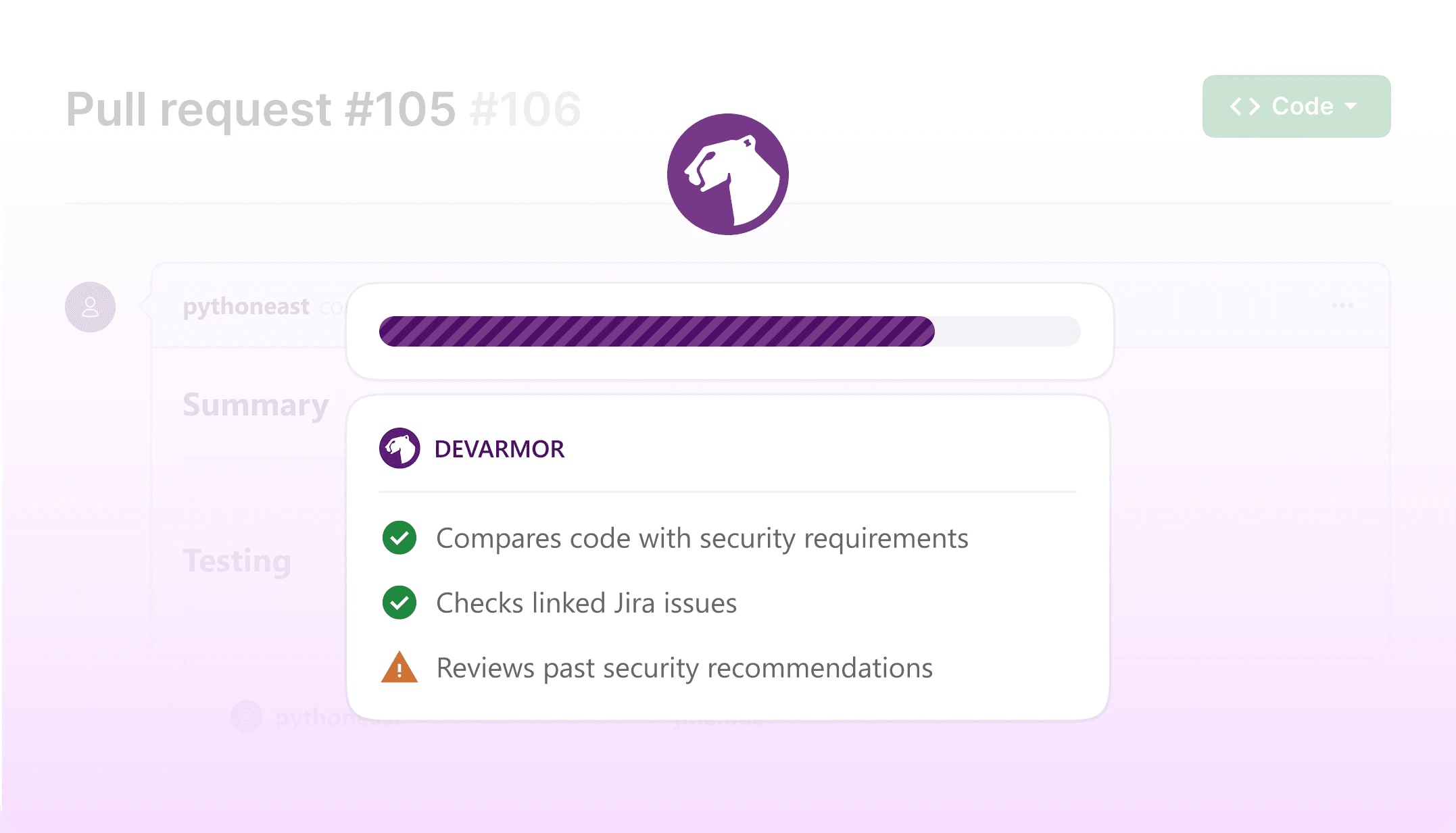 Code review storyboard, frame 4: the DevArmor check runs over the pull request and lists what it compares