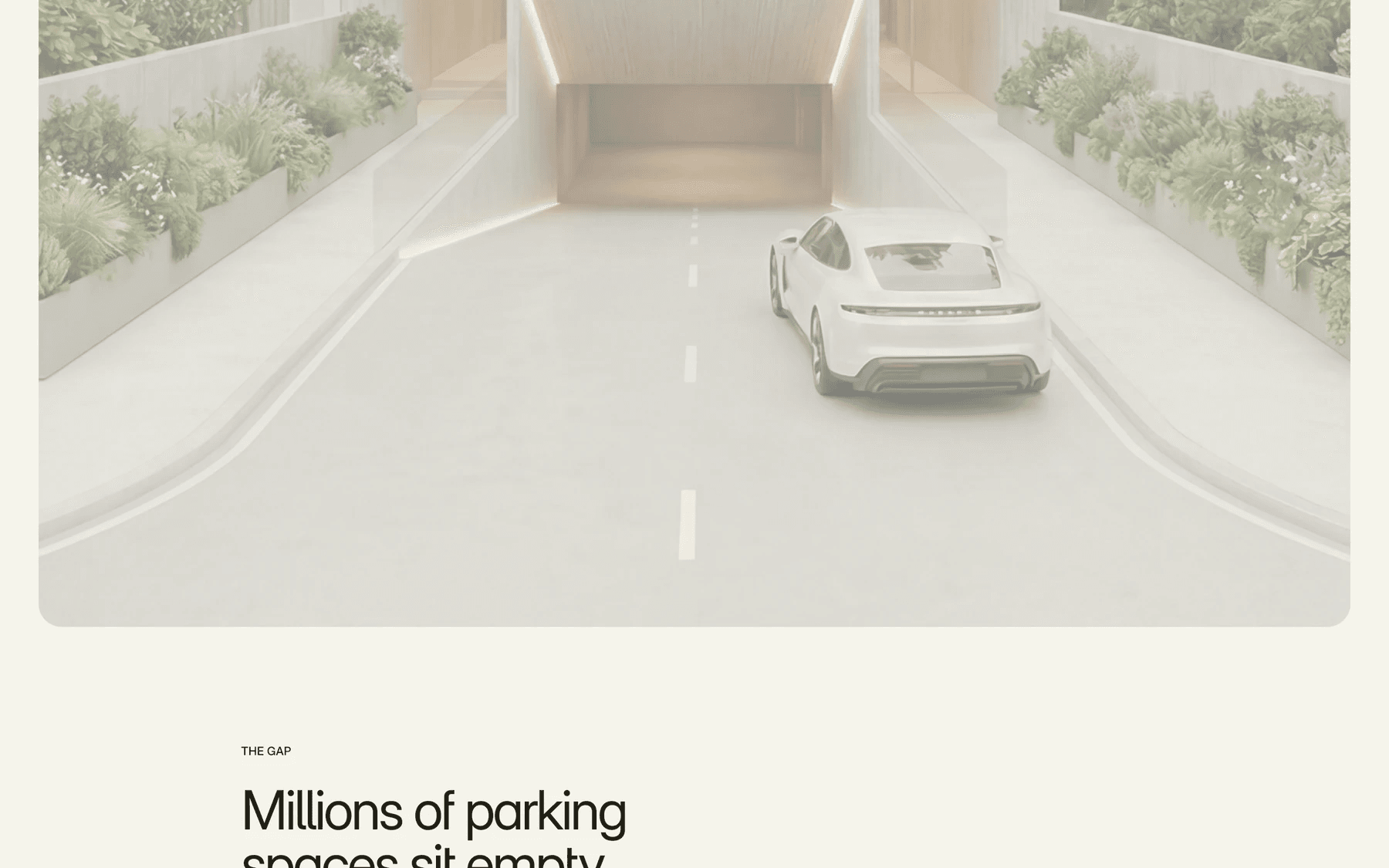 Hero storyboard, frame 3: the car park entrance, with the next section rising underneath