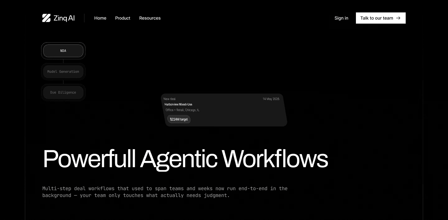 Storyboard, Powerful Agentic Workflows, frame 1: a deal card with workflow tabs