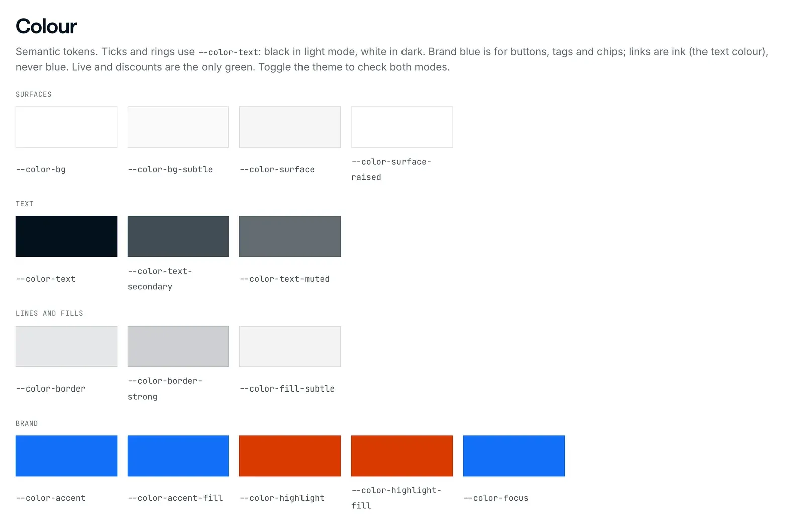 DesignMe styleguide colour tokens: semantic names such as –color-bg, –color-text, –color-border and –color-accent, each shown as a swatch