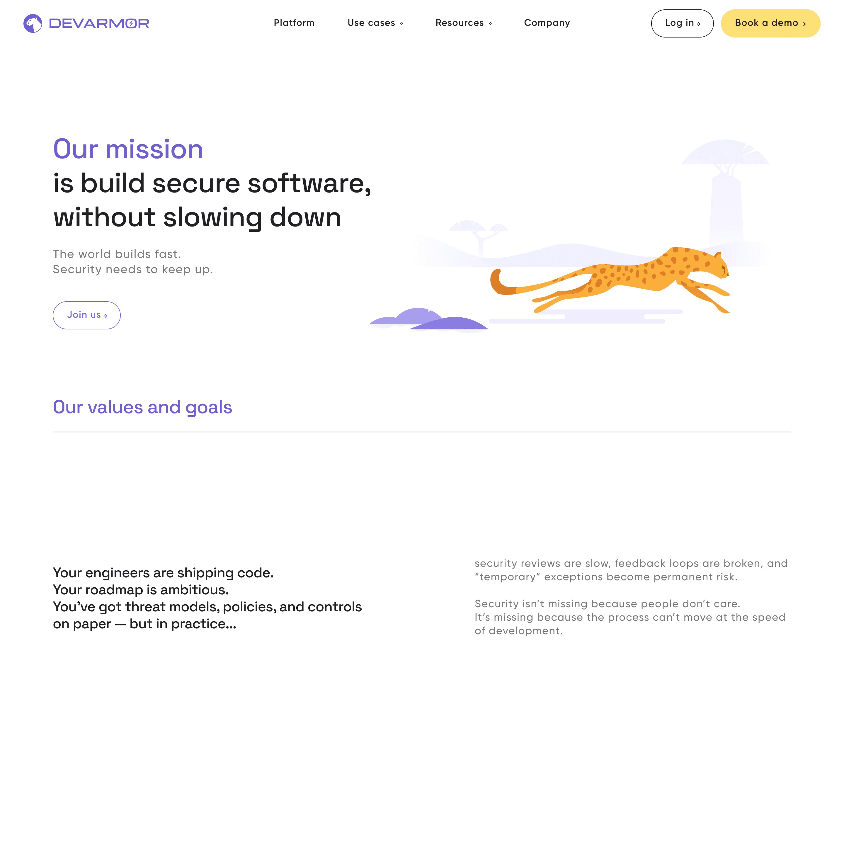 Company page: Our mission is build secure software, without slowing down, next to a running cheetah