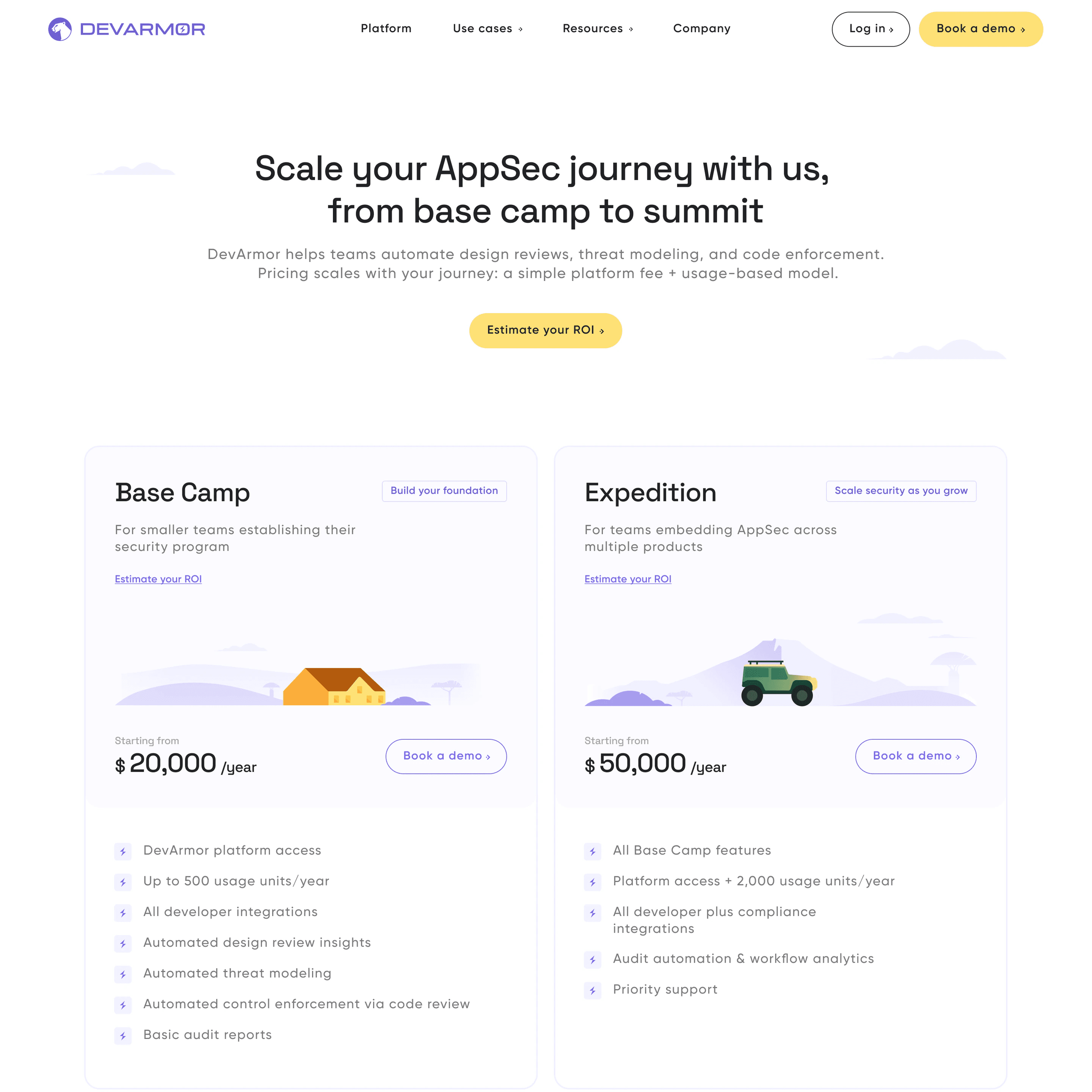 Pricing page: Scale your AppSec journey with us, from base camp to summit, with Base Camp and Expedition plans illustrated by a cabin and a jeep