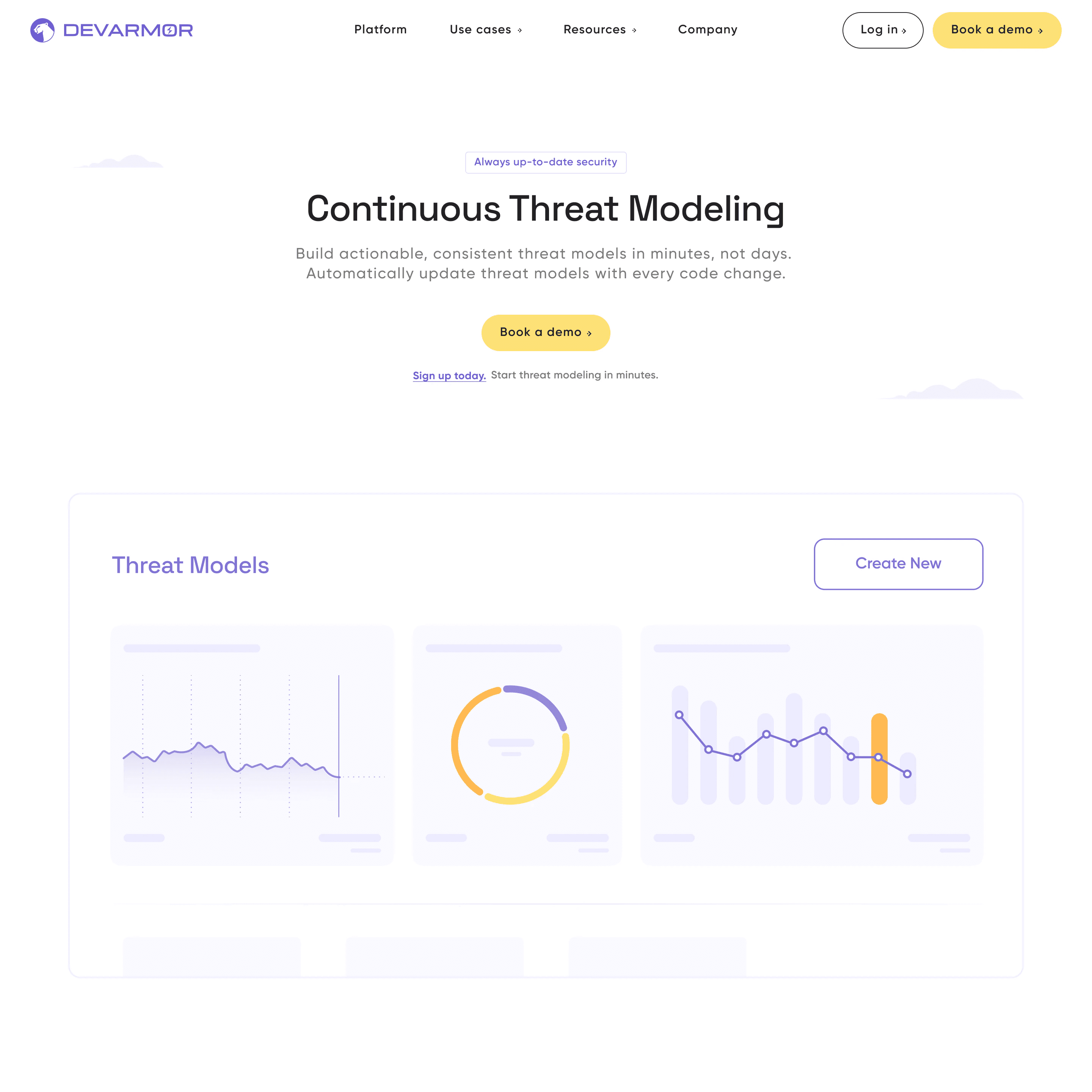 Product page: Continuous Threat Modeling, with a Book a demo button above a threat models dashboard