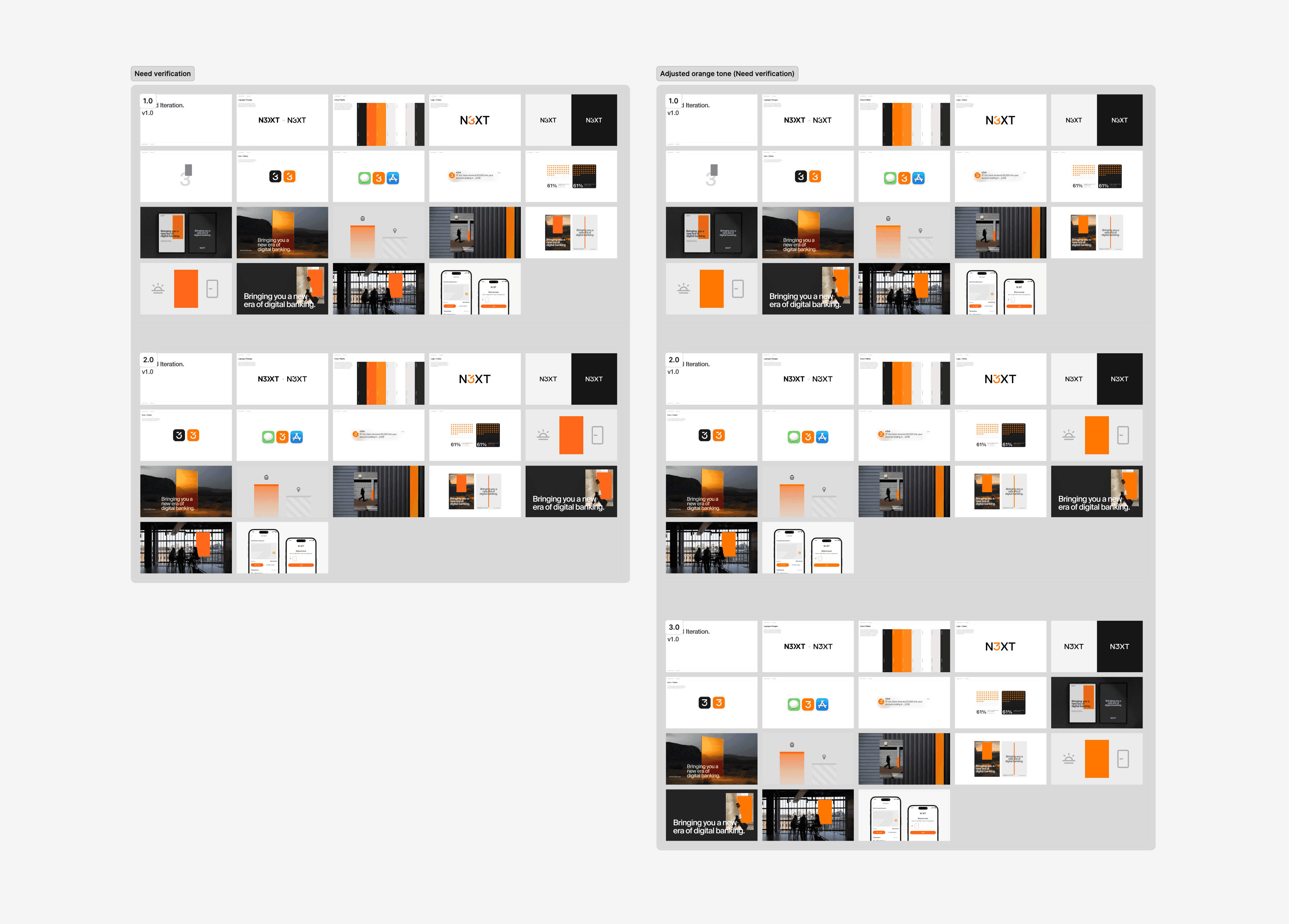 N3XT brand applications comparing two orange tones side by side