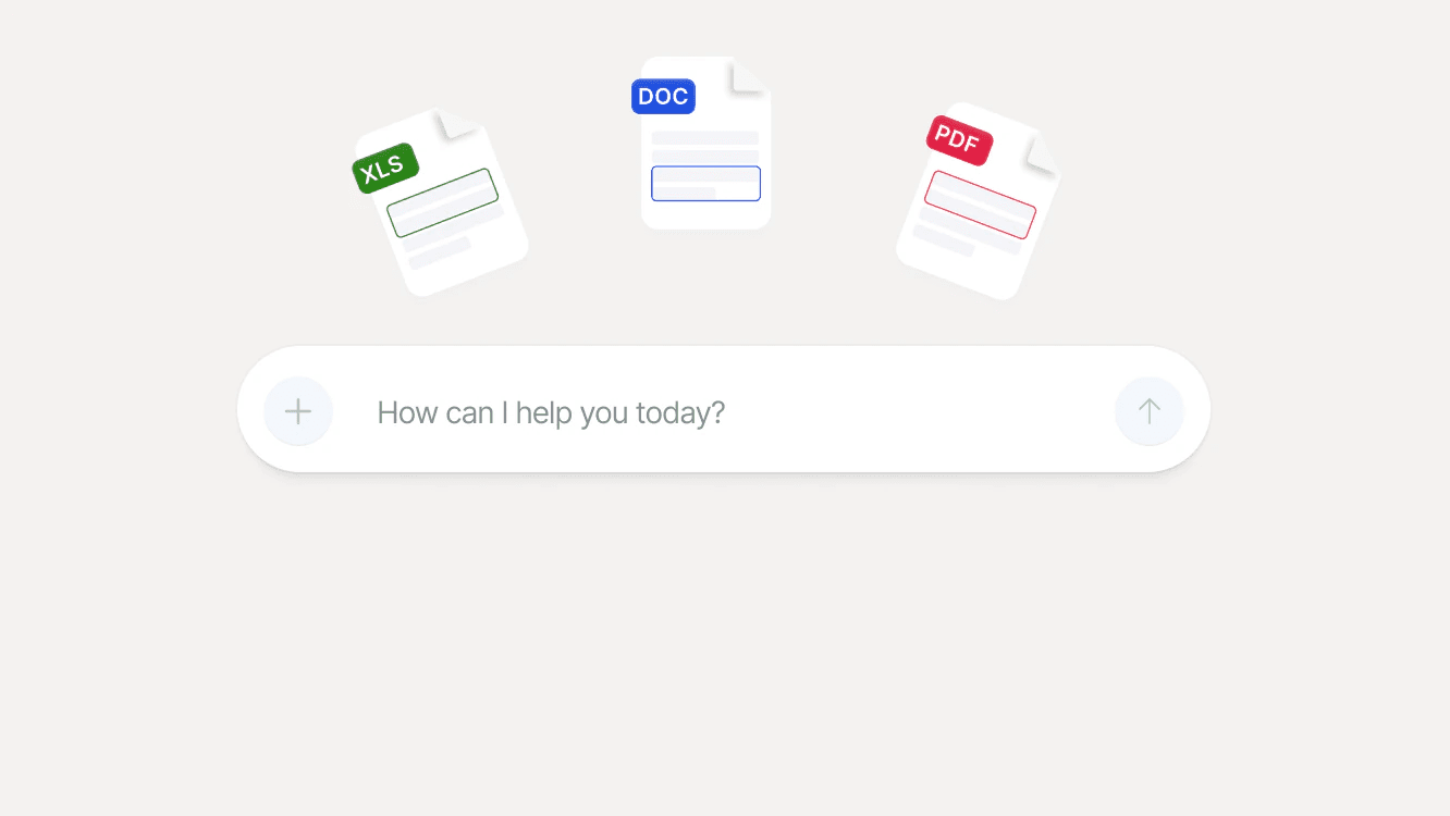 Search animation frame: XLS, DOC and PDF files floating above a How can I help you today bar