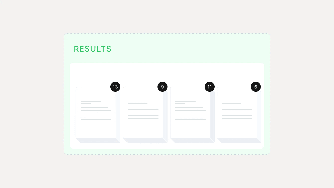 Search animation frame: grouped results with counts on four cards