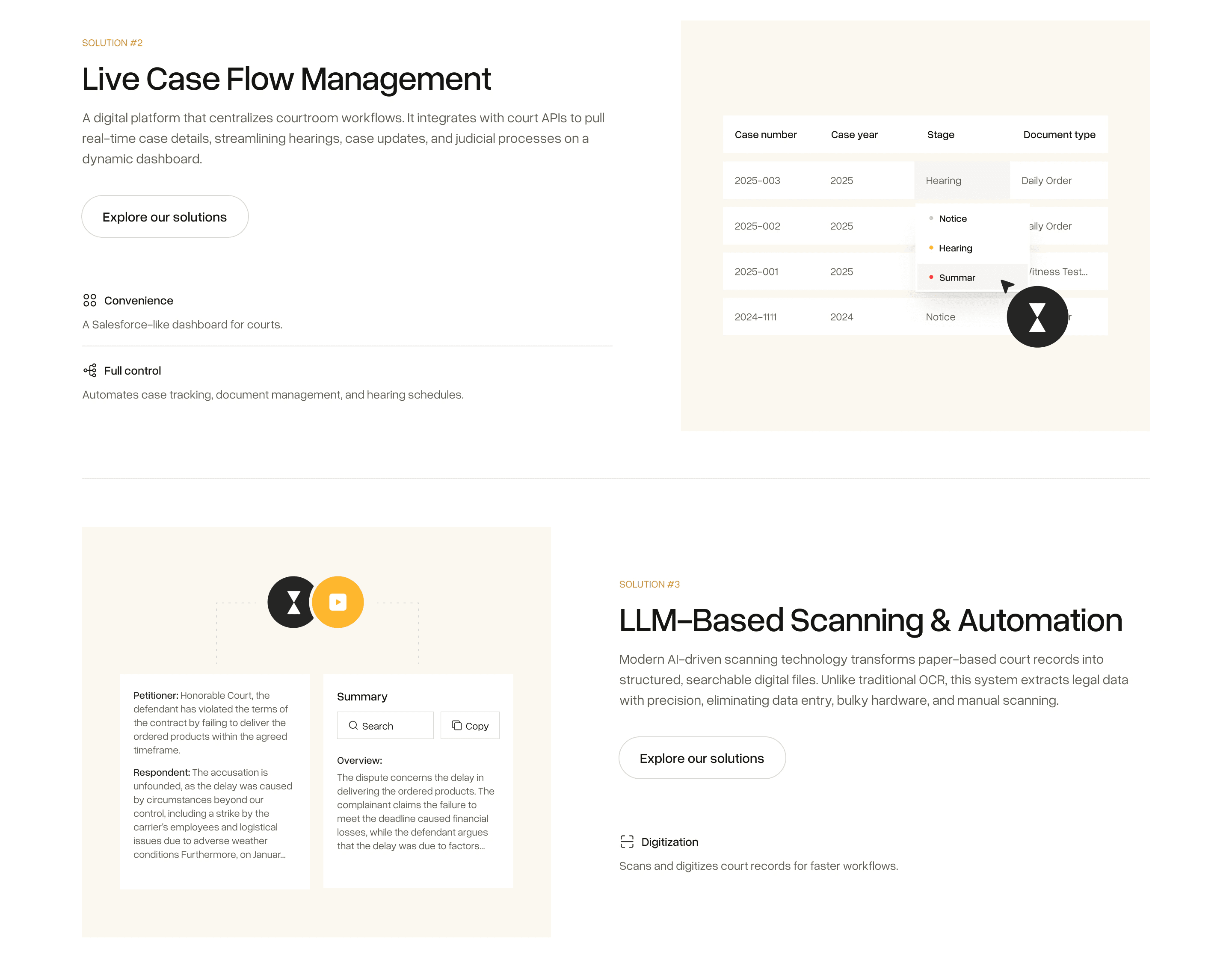 Homepage solutions: Live Case Flow Management and LLM-Based Scanning and Automation, each with a product mock