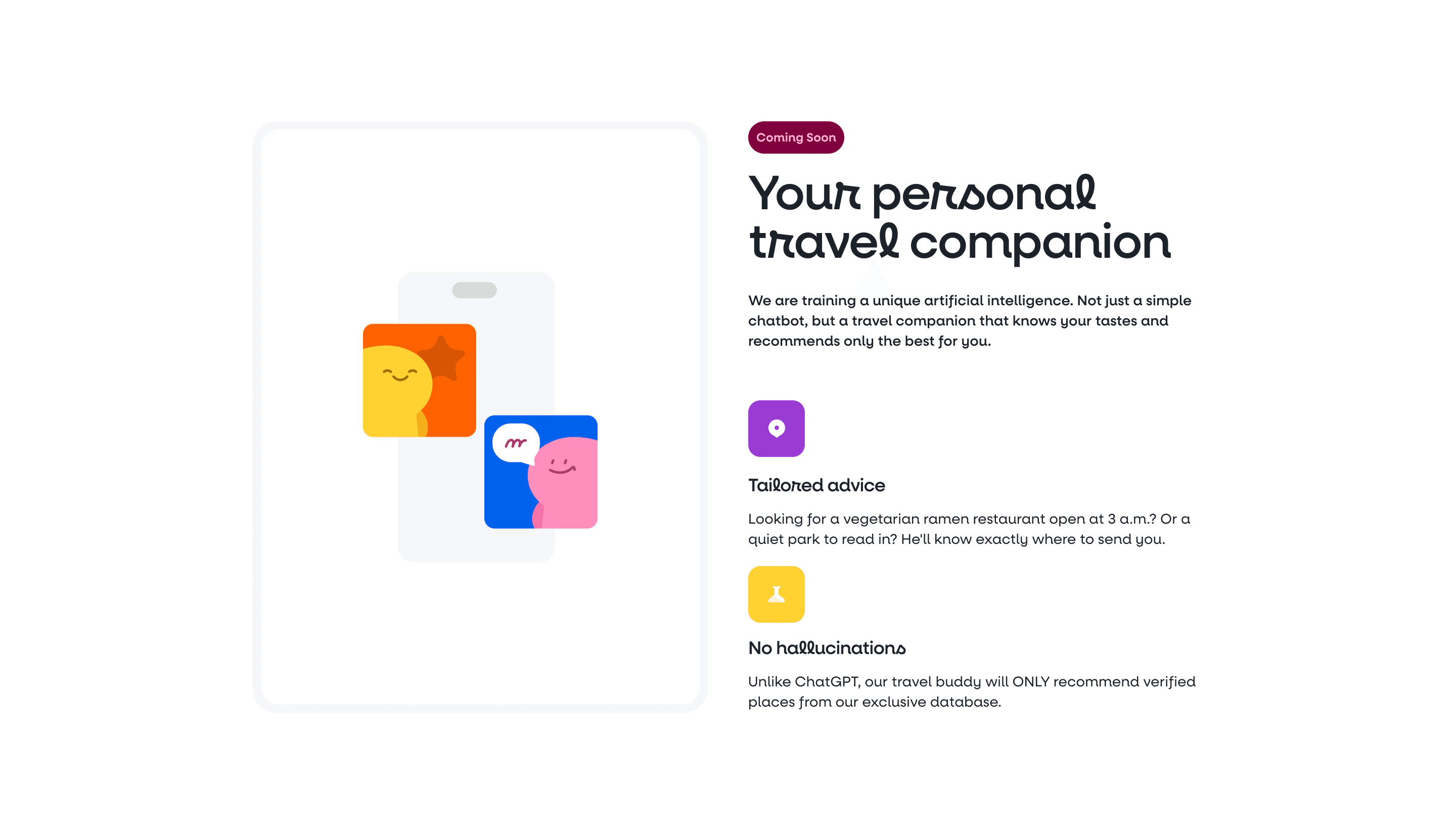 Hint homepage section: Your personal travel companion, with the two chat mascots and notes on tailored advice