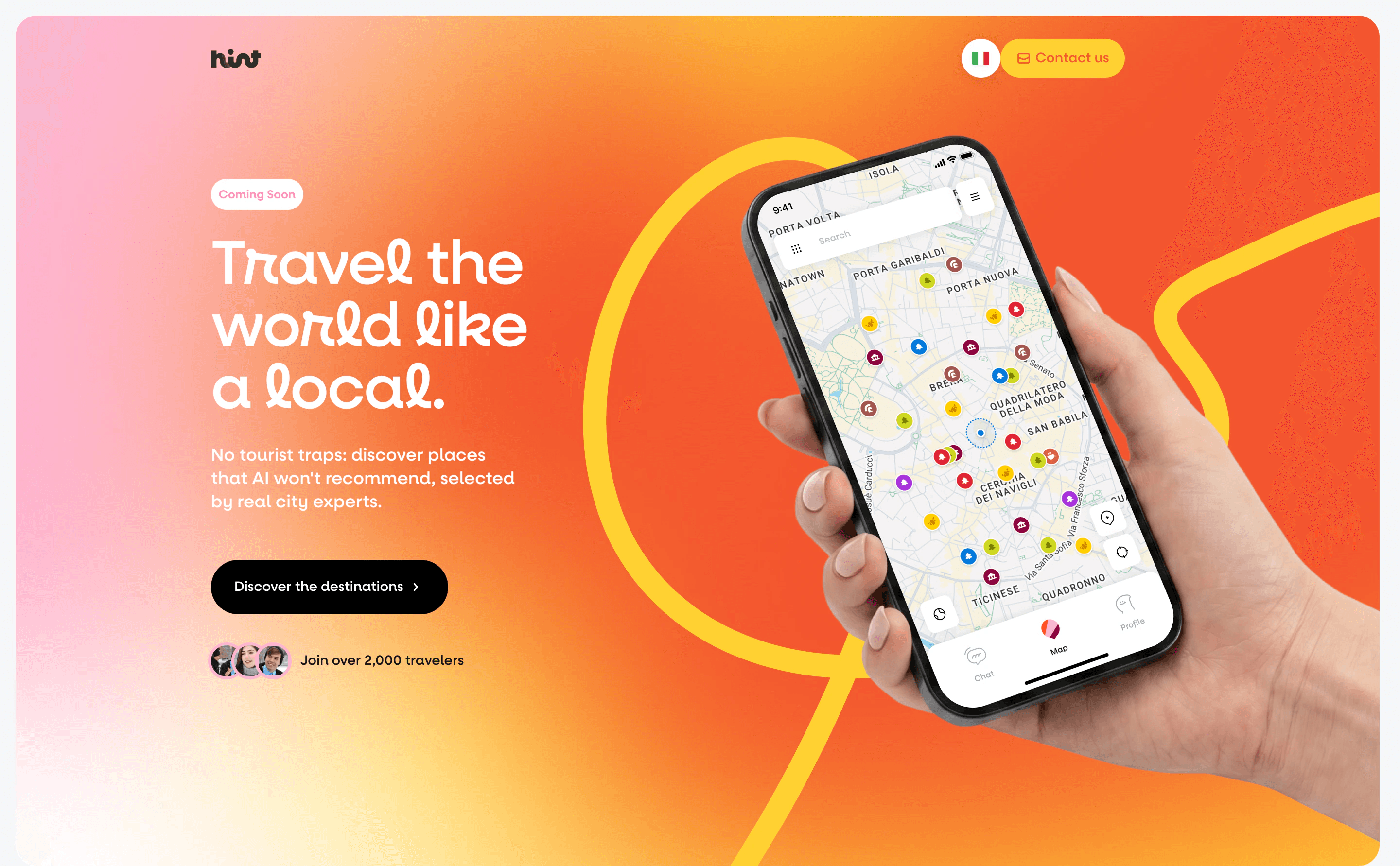 Hint homepage hero: Travel the world like a local, with a hand holding a phone that shows the map of Milan