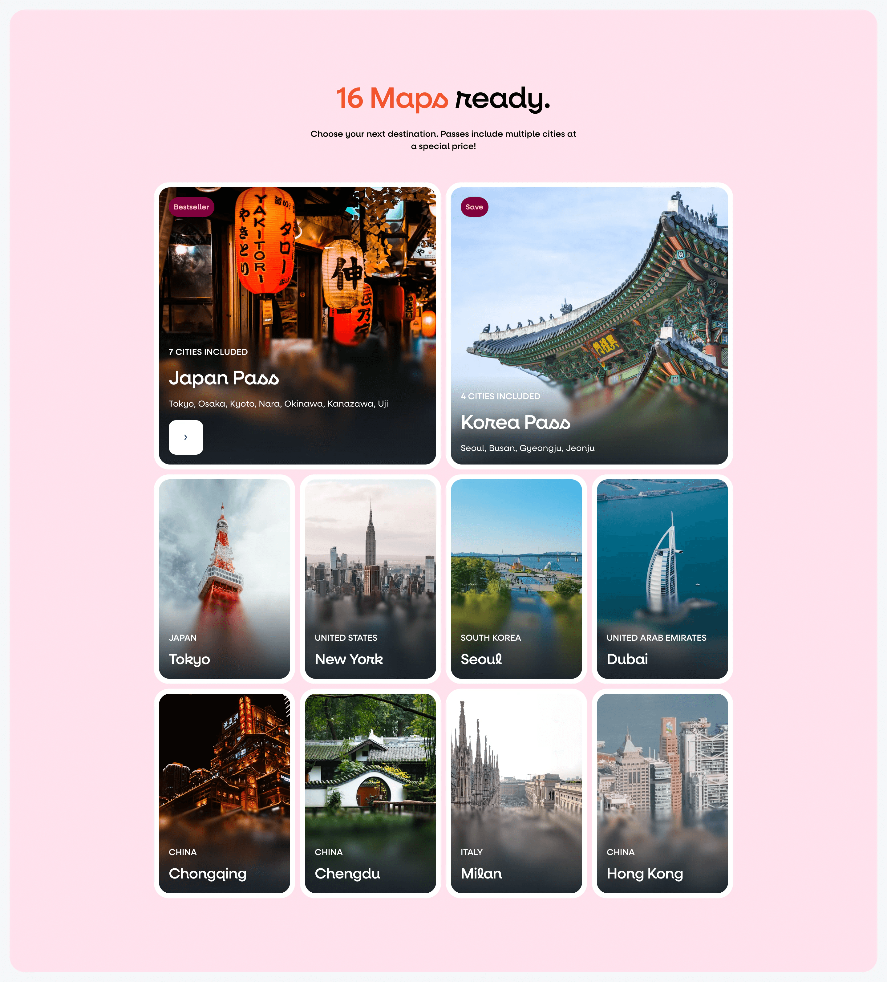 Hint homepage section: 16 maps ready, a grid of city and country pass cards from Tokyo to Hong Kong