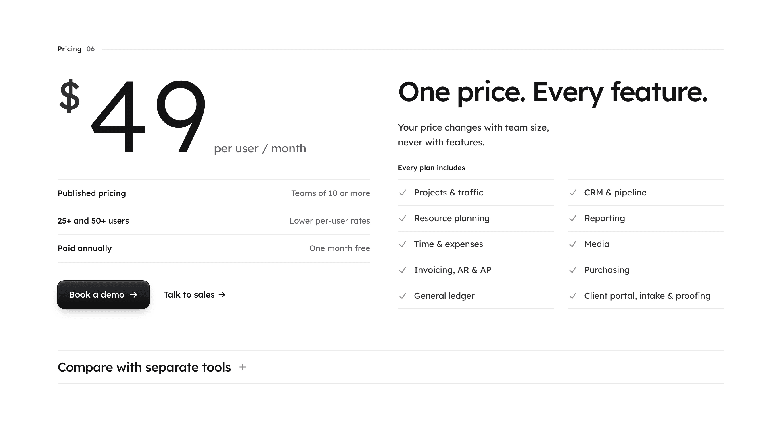 Pitched Workamajig website, Pricing section: $49 per user per month, "One price. Every feature." and the list of what every plan includes