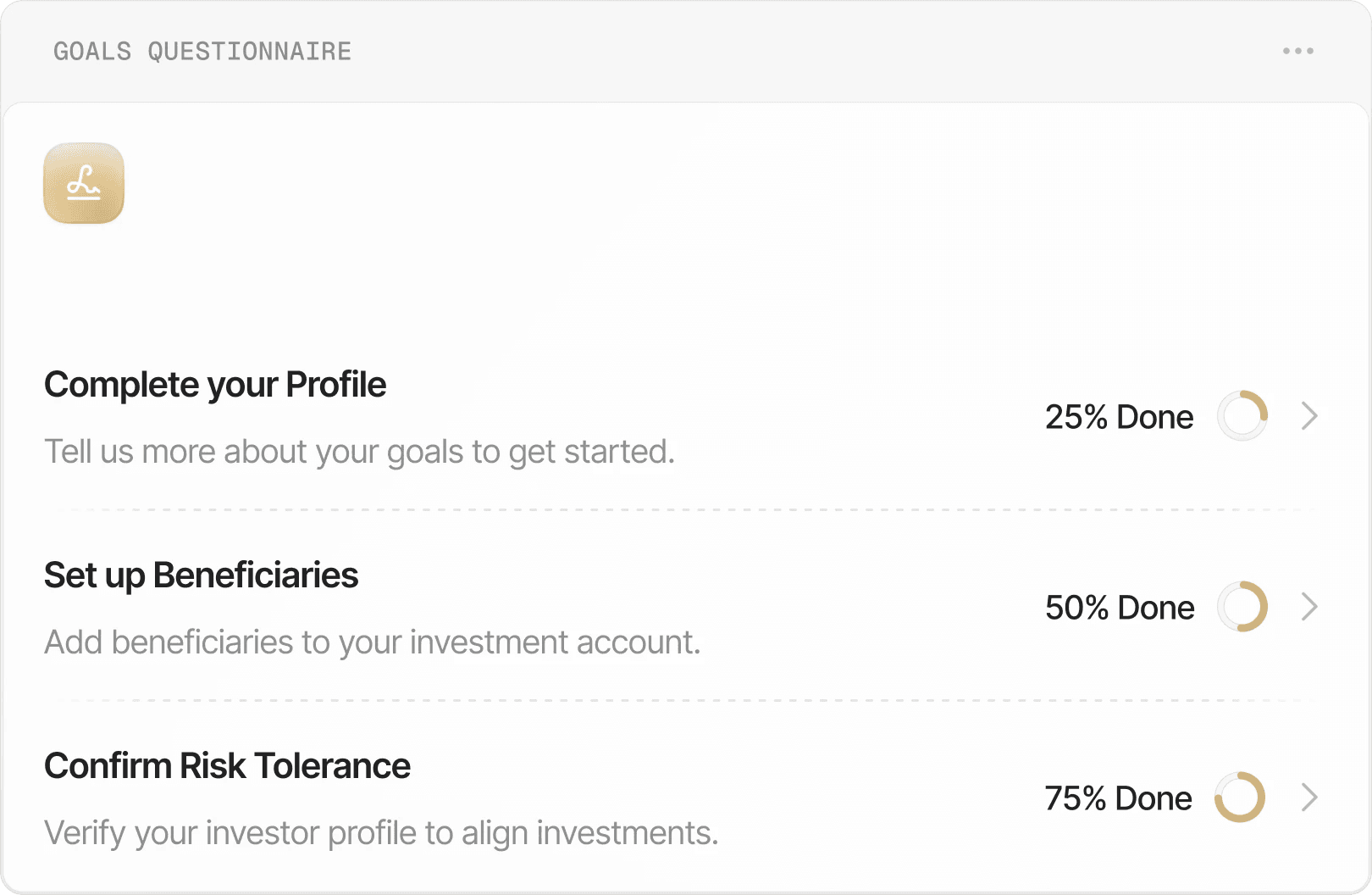 Action items widget for several workflows: Complete your Profile, Set up Beneficiaries and Confirm Risk Tolerance, each with its progress