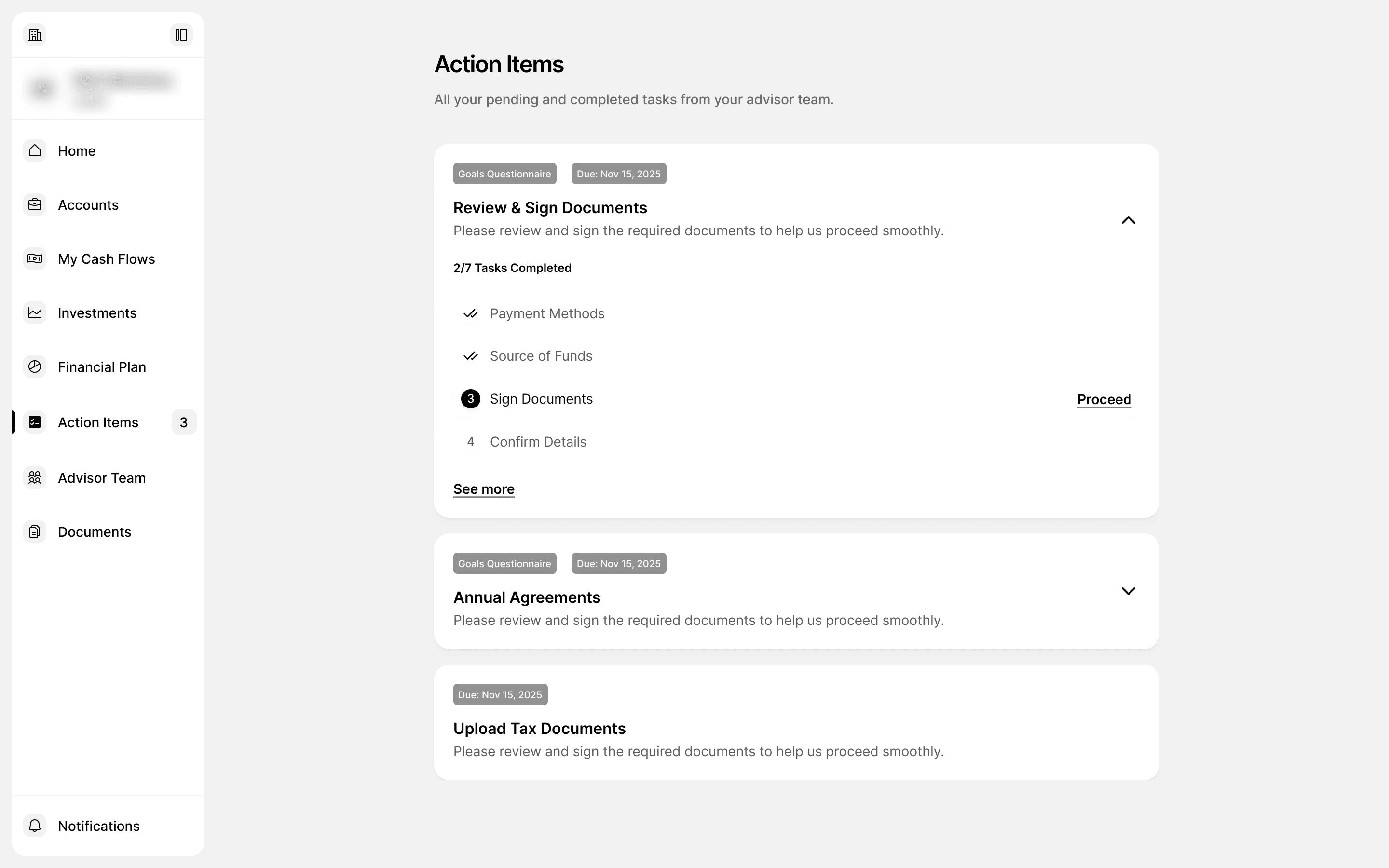 Wireframe of the action items page: Review and Sign Documents open on its task list, with 2 of 7 tasks done and Proceed next to Sign Documents, then Annual Agreements and Upload Tax Documents