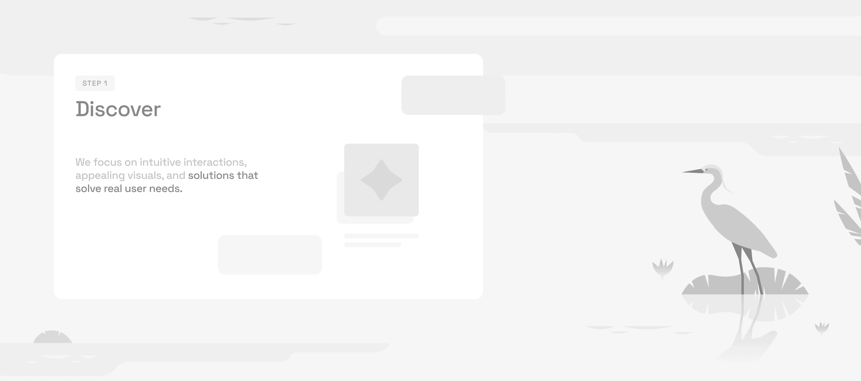Wireframe section: step 1, Discover, a card with a placeholder image next to a heron on a lily pad