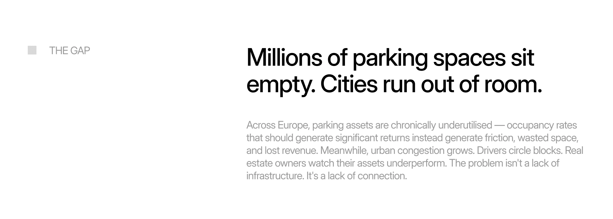 Homepage wireframe: Millions of parking spaces sit empty. Cities run out of room., as a heading and a paragraph