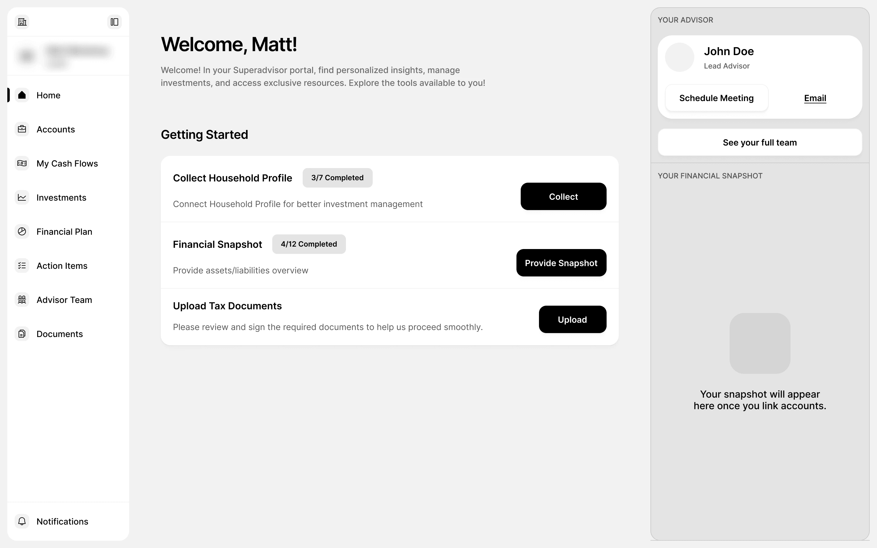 Wireframe of the homepage: Welcome, Getting Started with three tasks (Collect Household Profile 3 of 7, Financial Snapshot 4 of 12, Upload Tax Documents), each with its button, and the lead advisor on the right