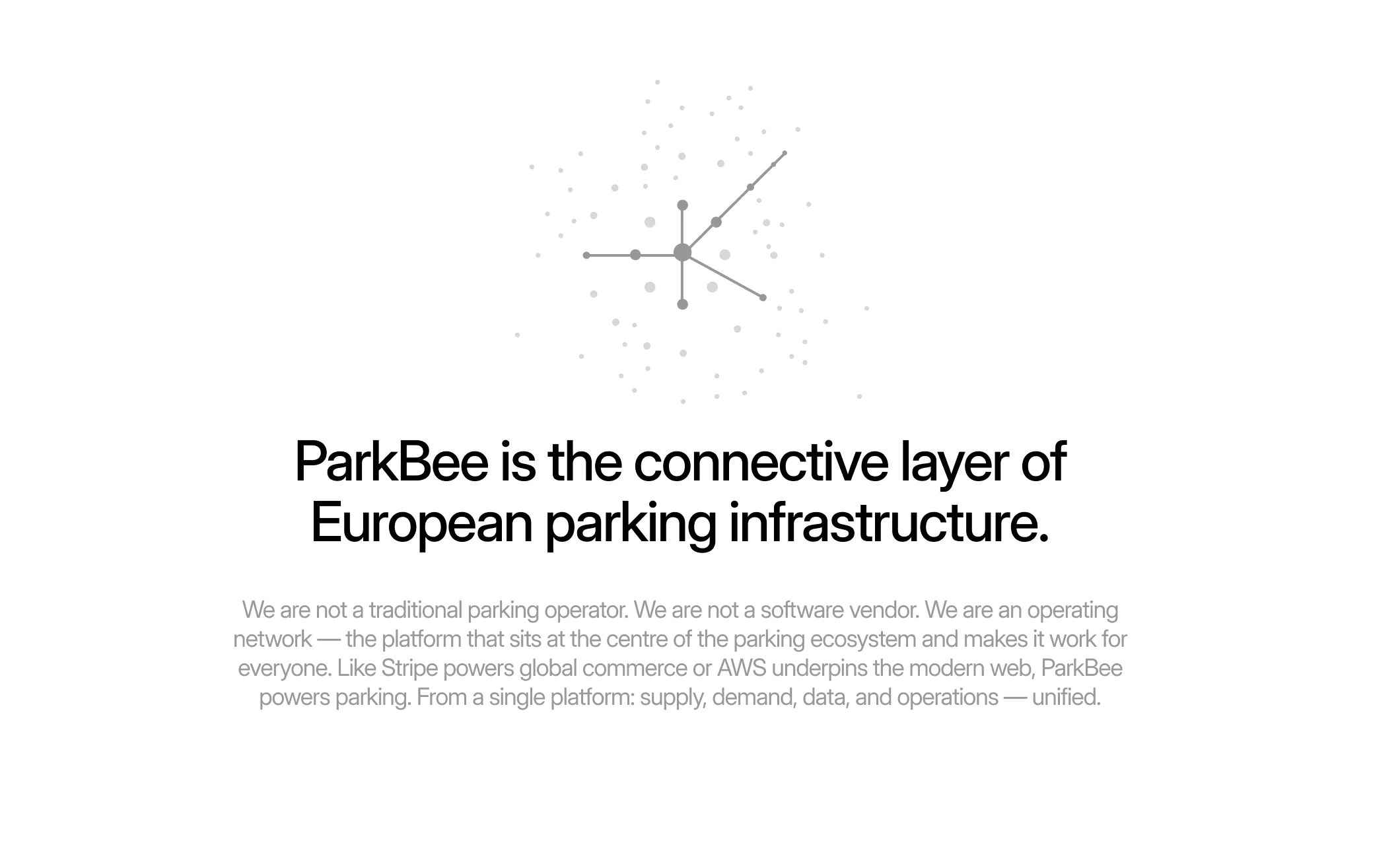 Homepage wireframe: ParkBee is the connective layer of European parking infrastructure, with a simple network diagram