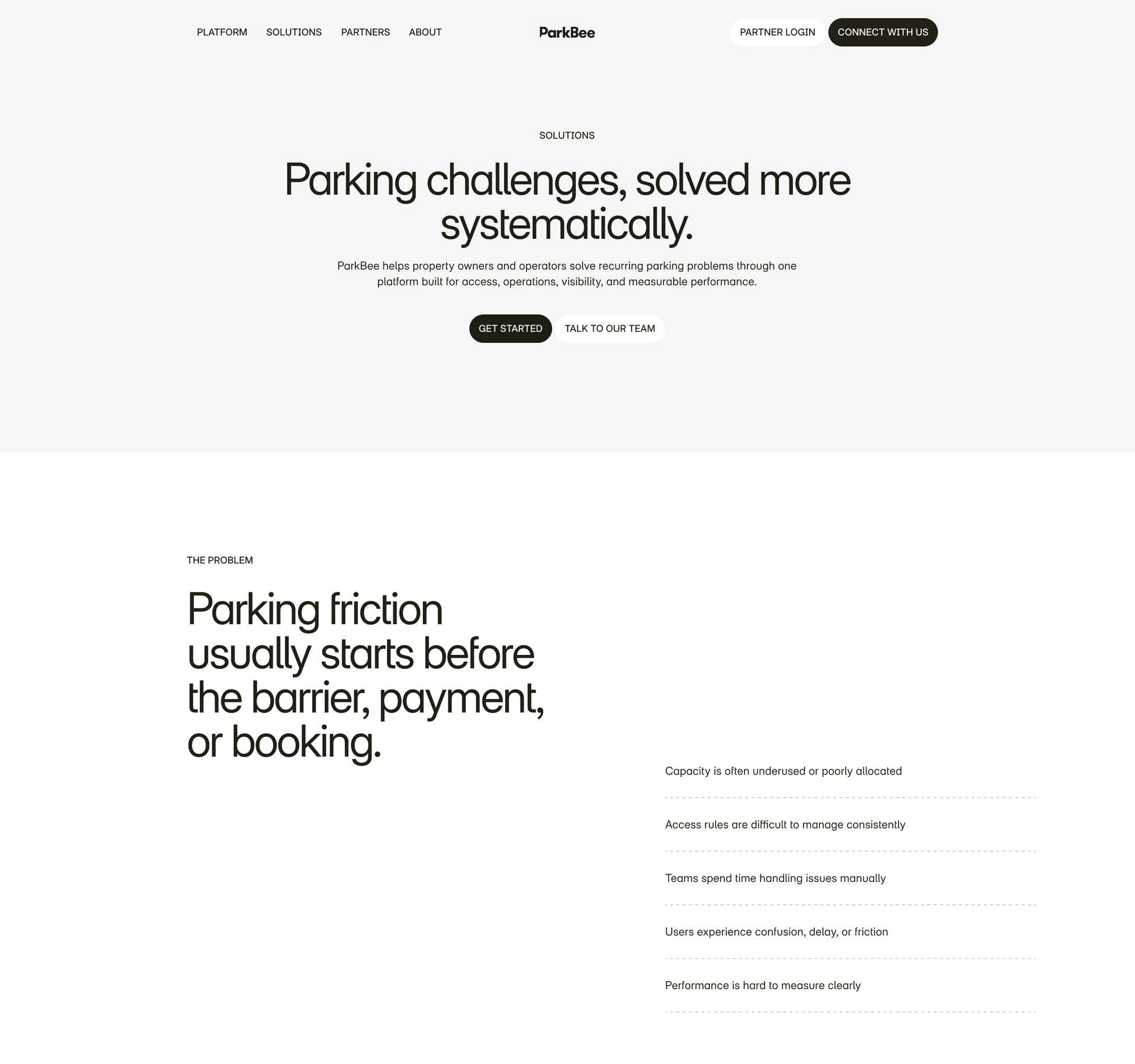 Solutions page wireframe: Parking challenges, solved more systematically, and the problem section below it