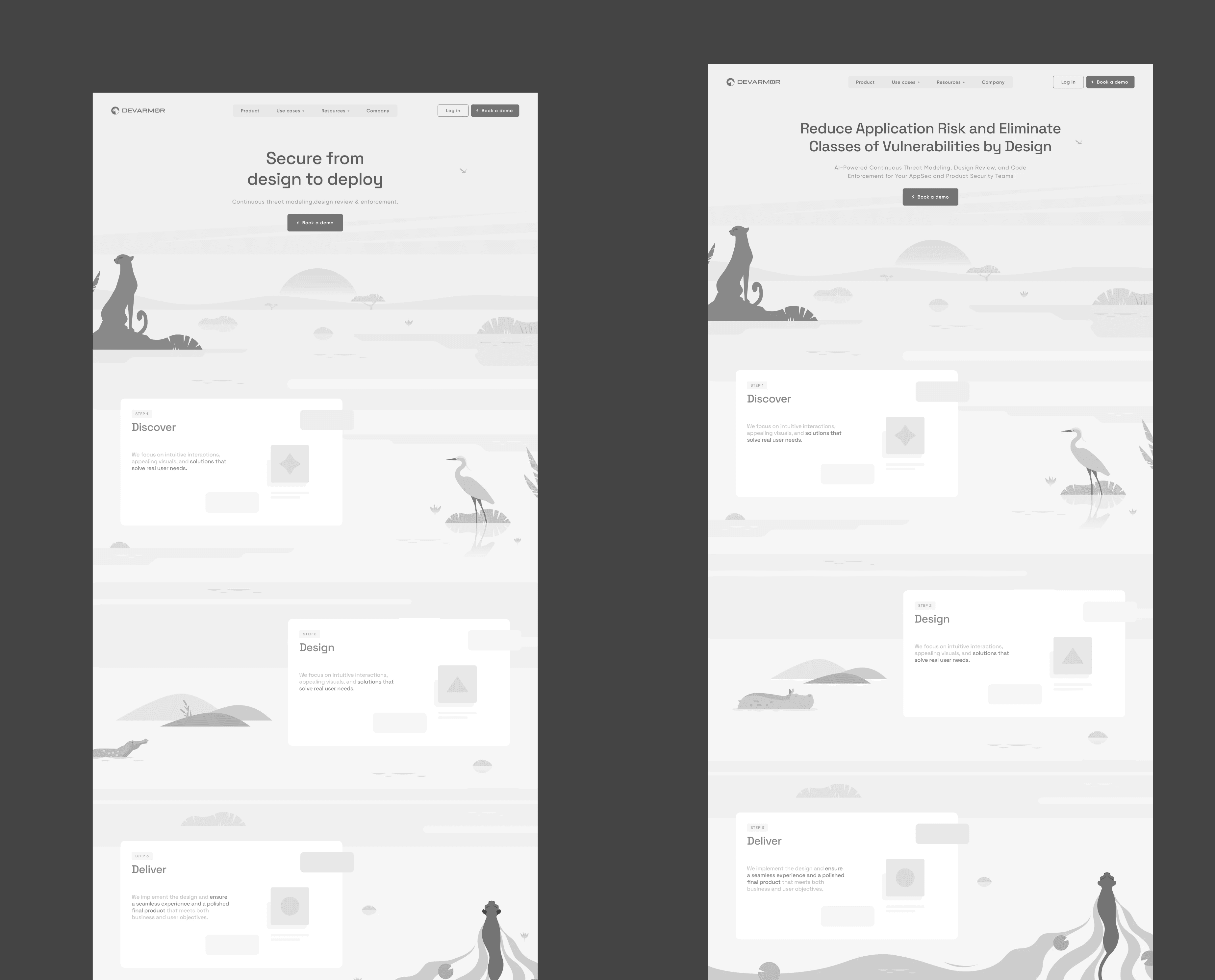Two grey homepage wireframes side by side in Figma: Secure from design to deploy, and Reduce Application Risk and Eliminate Classes of Vulnerabilities by Design, each with a cheetah, a heron and three step cards