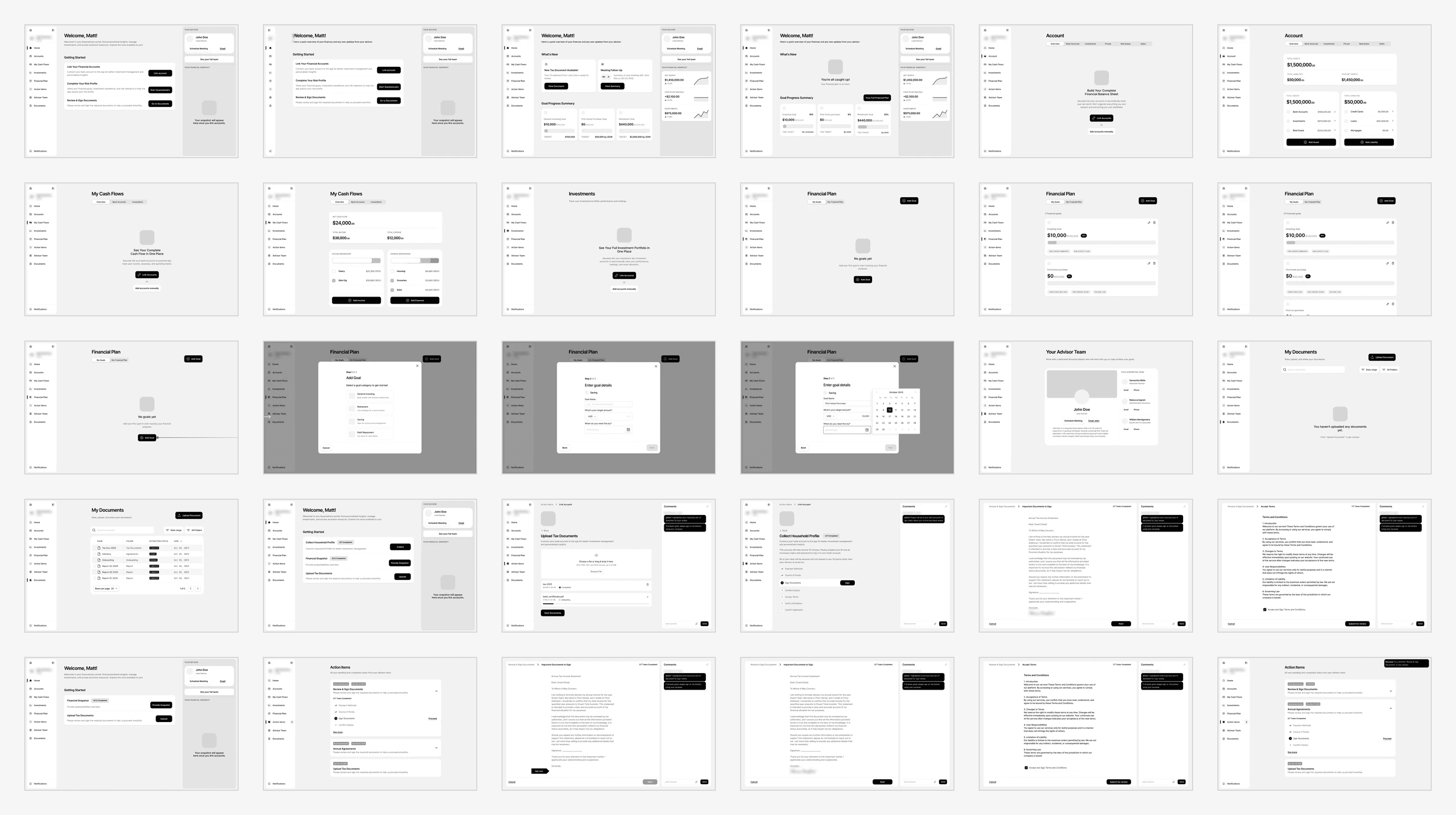 Thirty of our grey wireframes for the client portal, zoomed out: the homepage before and after the first tasks, accounts, cash flow, investments, the financial plan and adding a goal, the advisor team, documents, action items and the task pages